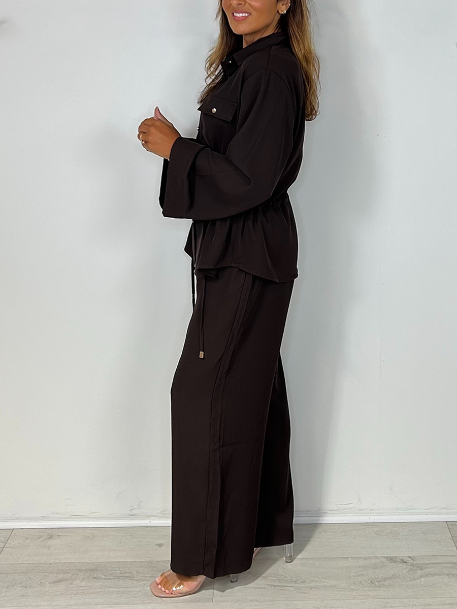Long Sleeve Button Up Drawstring Waist Shirt & Trouser Co-Ord