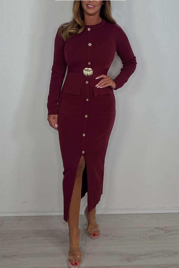 Soft Knit Long Sleeve Gold Button Belted Belted Split Front Maxi Dress