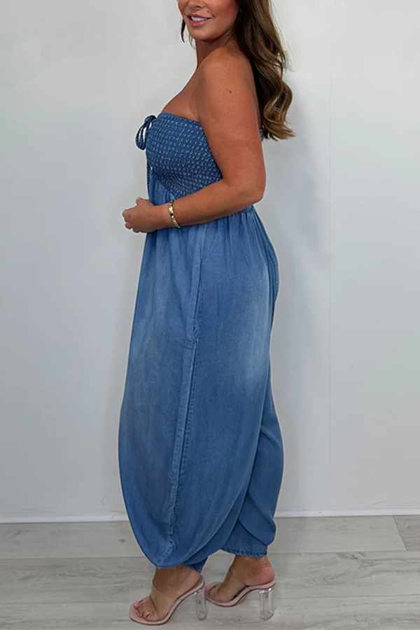Denim Bandeau Harem Smocked Top Jumpsuit
