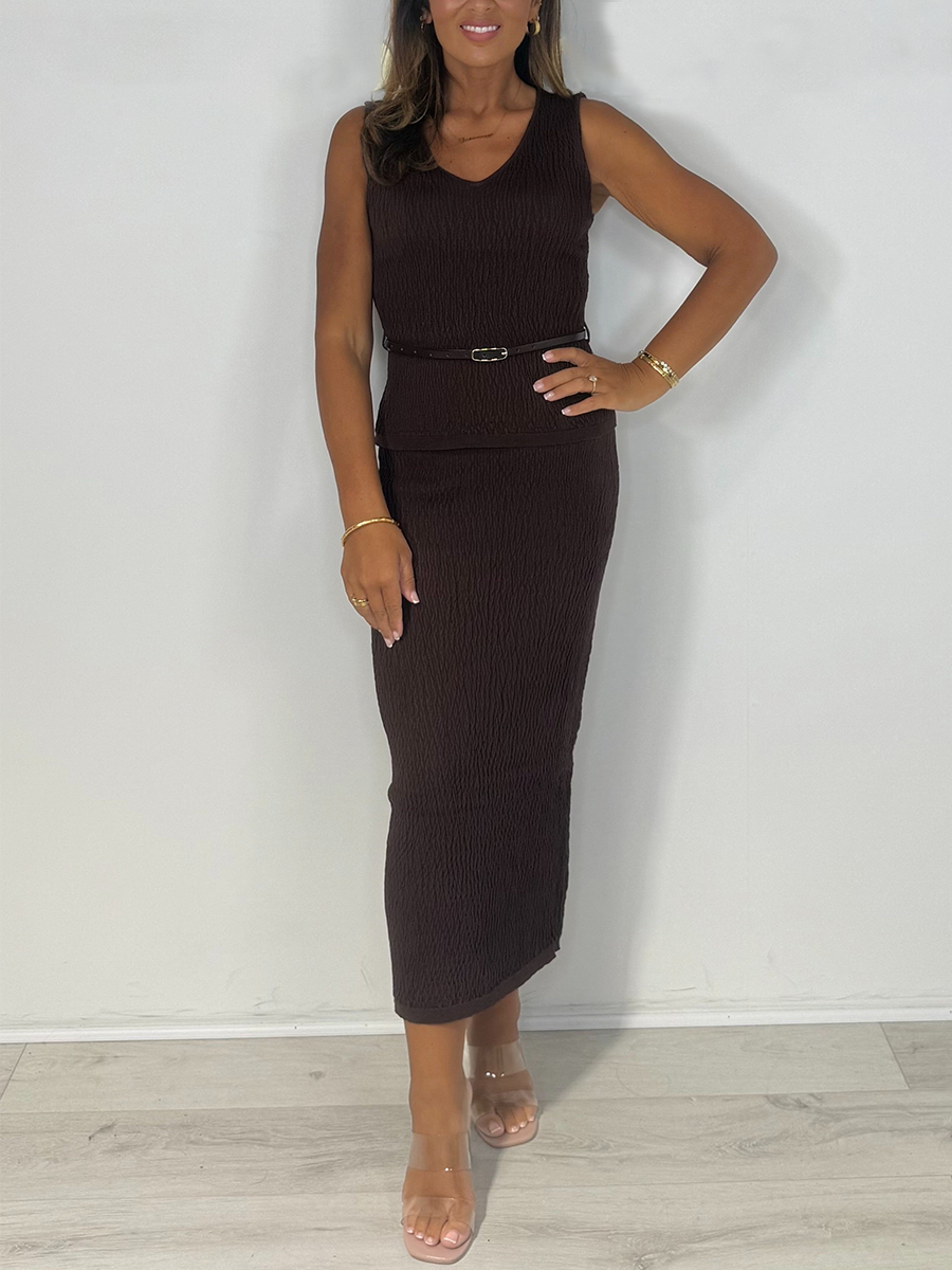 Crinkle V-Neck Sleeveless Top & Midi Skirt Co-ord