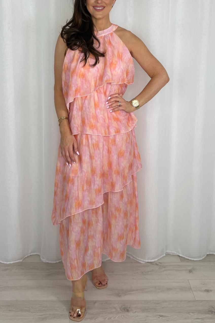 Pink Tie Dye Tiered Maxi Dress