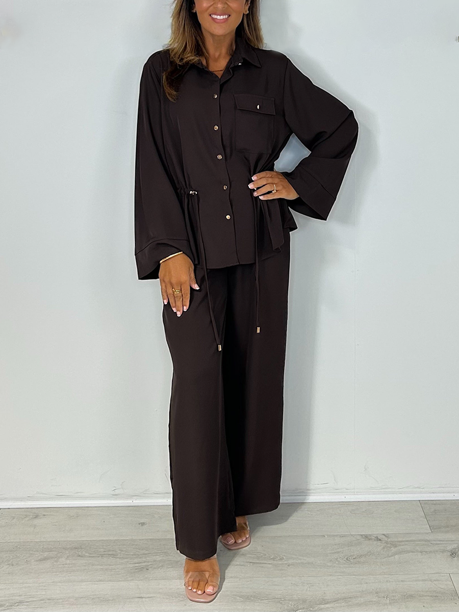 Long Sleeve Button Up Drawstring Waist Shirt & Trouser Co-Ord