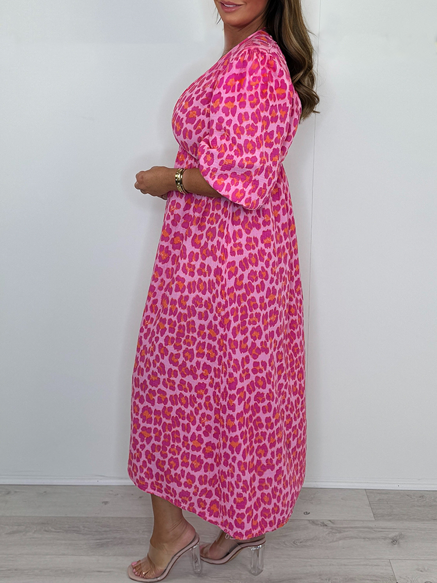 V-Neck Puff Sleeve Cheesecloth Midi Dress