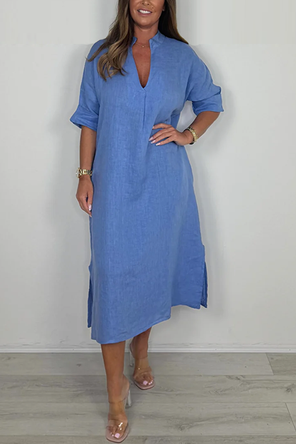 Linen Short Sleeve Maxi Dress With Pockets