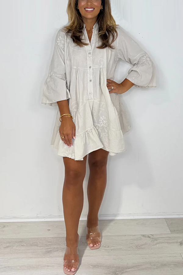 Beige Flower Grandad Collar Smocked Dress