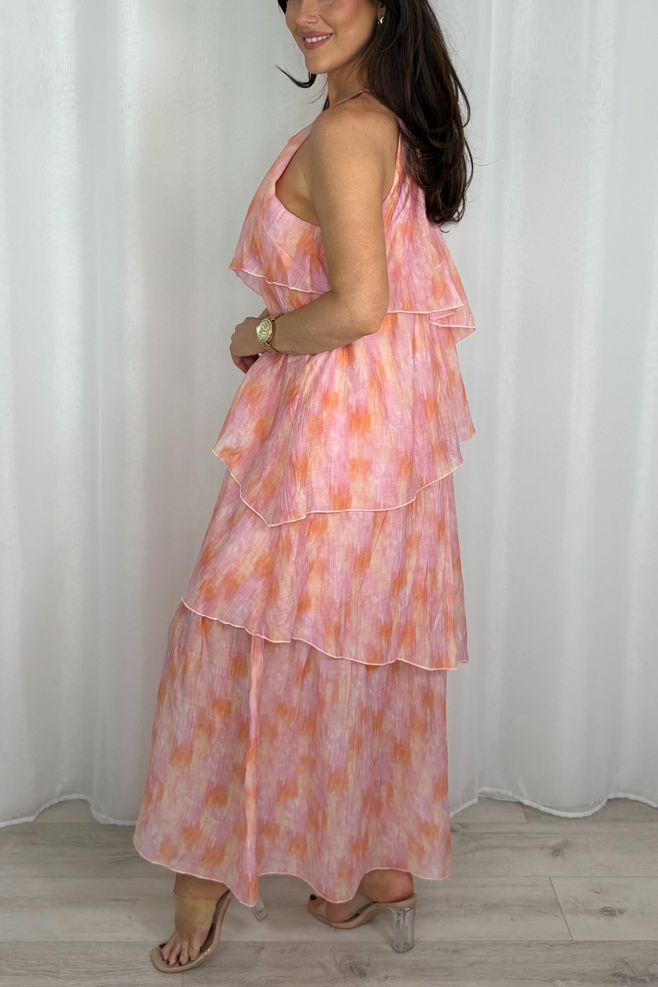 Pink Tie Dye Tiered Maxi Dress