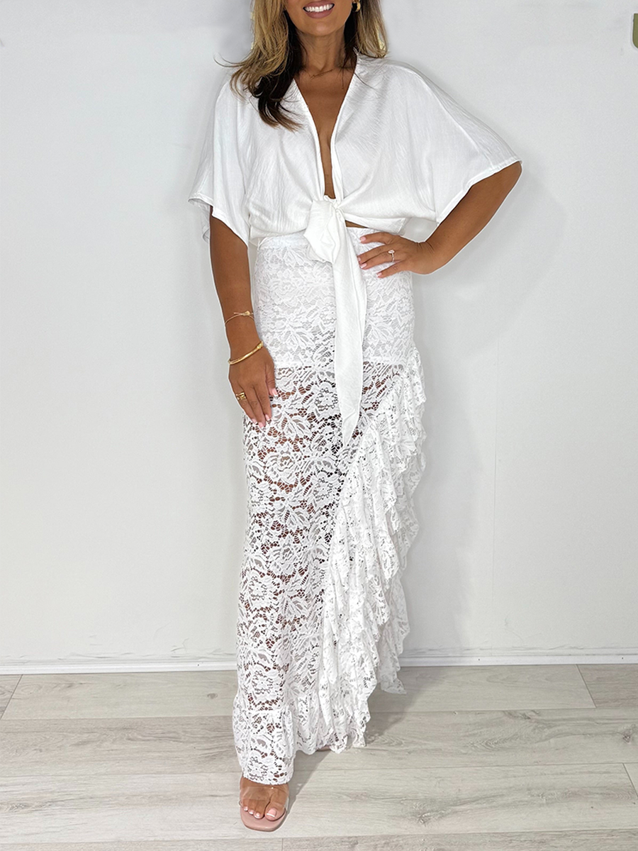 Tie Up Top & Lace Side Split Frill Maxi Skirt Co-ord