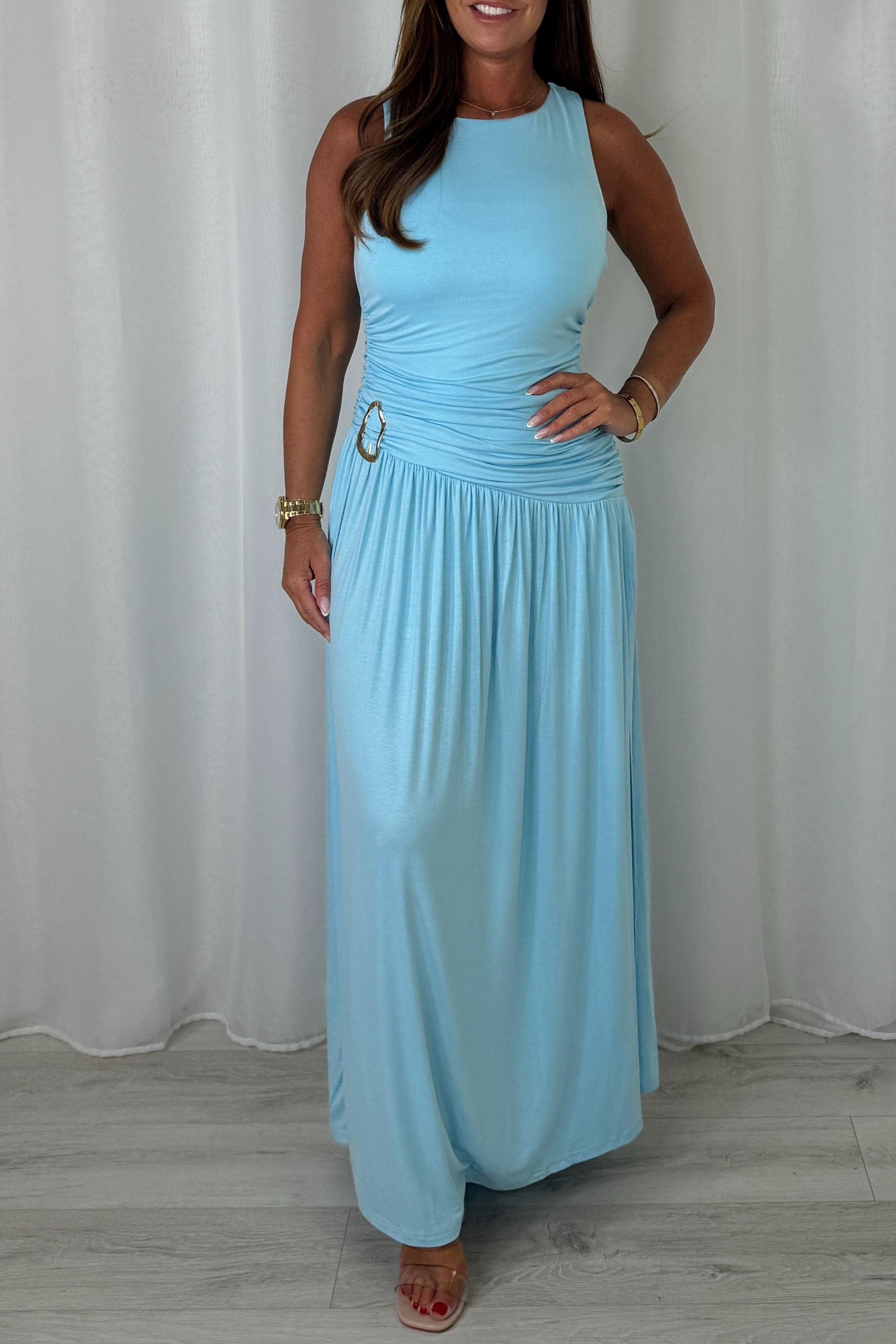 Round Neck Ruched Gold Buckle Side Split Maxi Dress