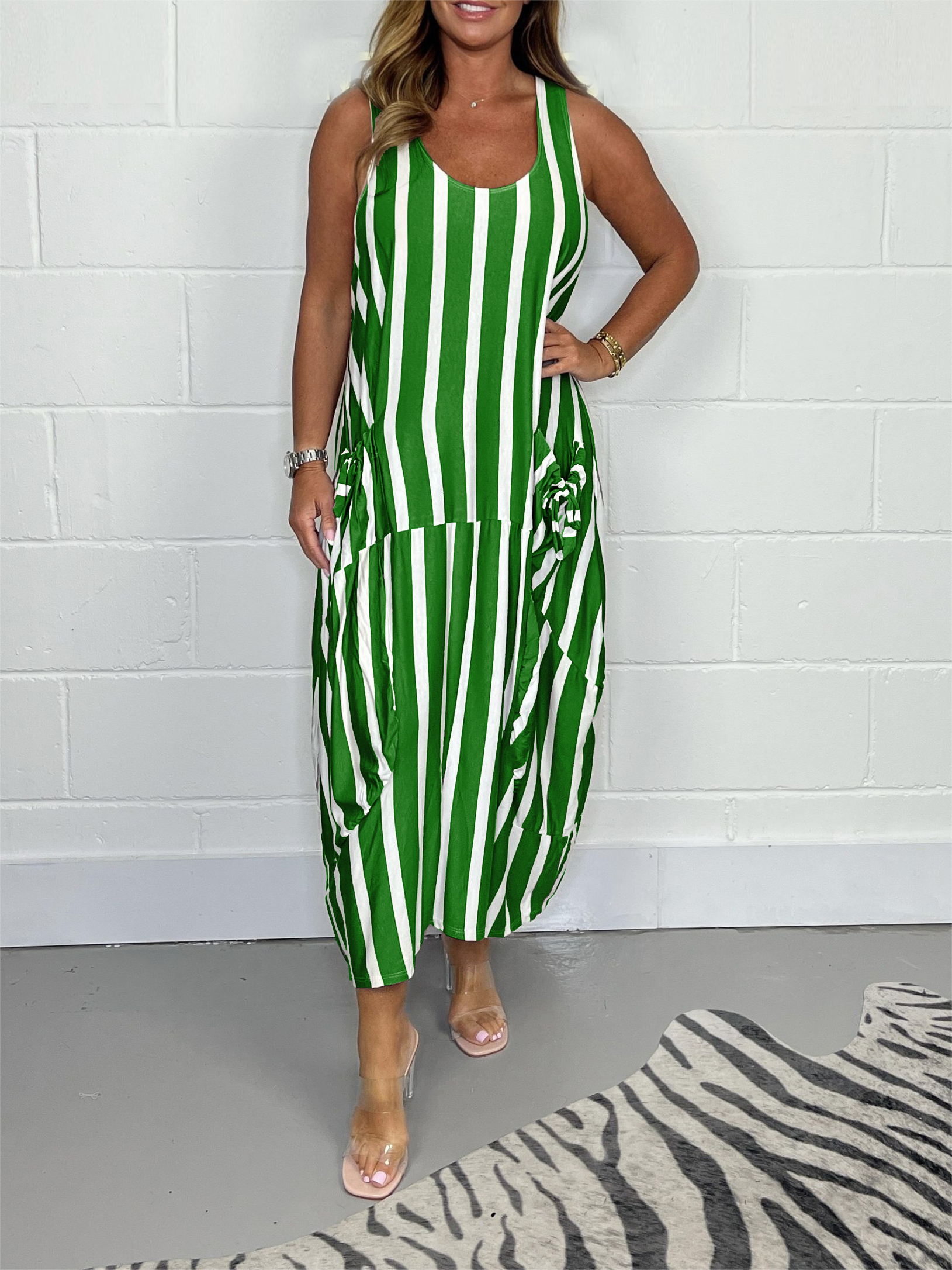 Stripe Oversize Tie Pocket Dress