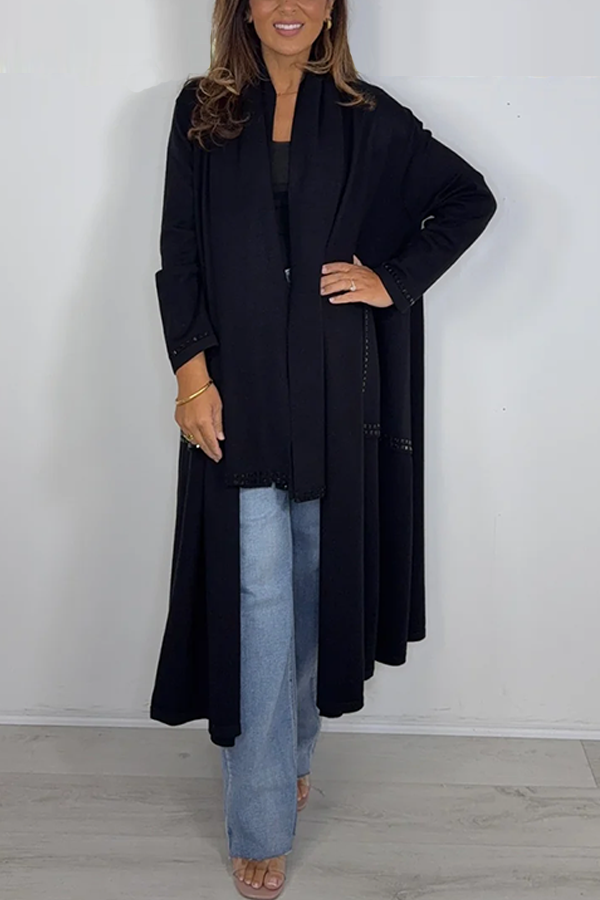 Black Knitted Longline Jewelled Detailed Cardigan With Scarf