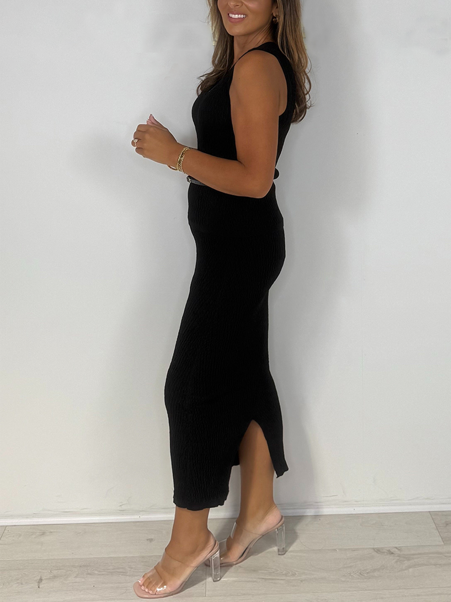 Crinkle V-Neck Sleeveless Top & Midi Skirt Co-ord