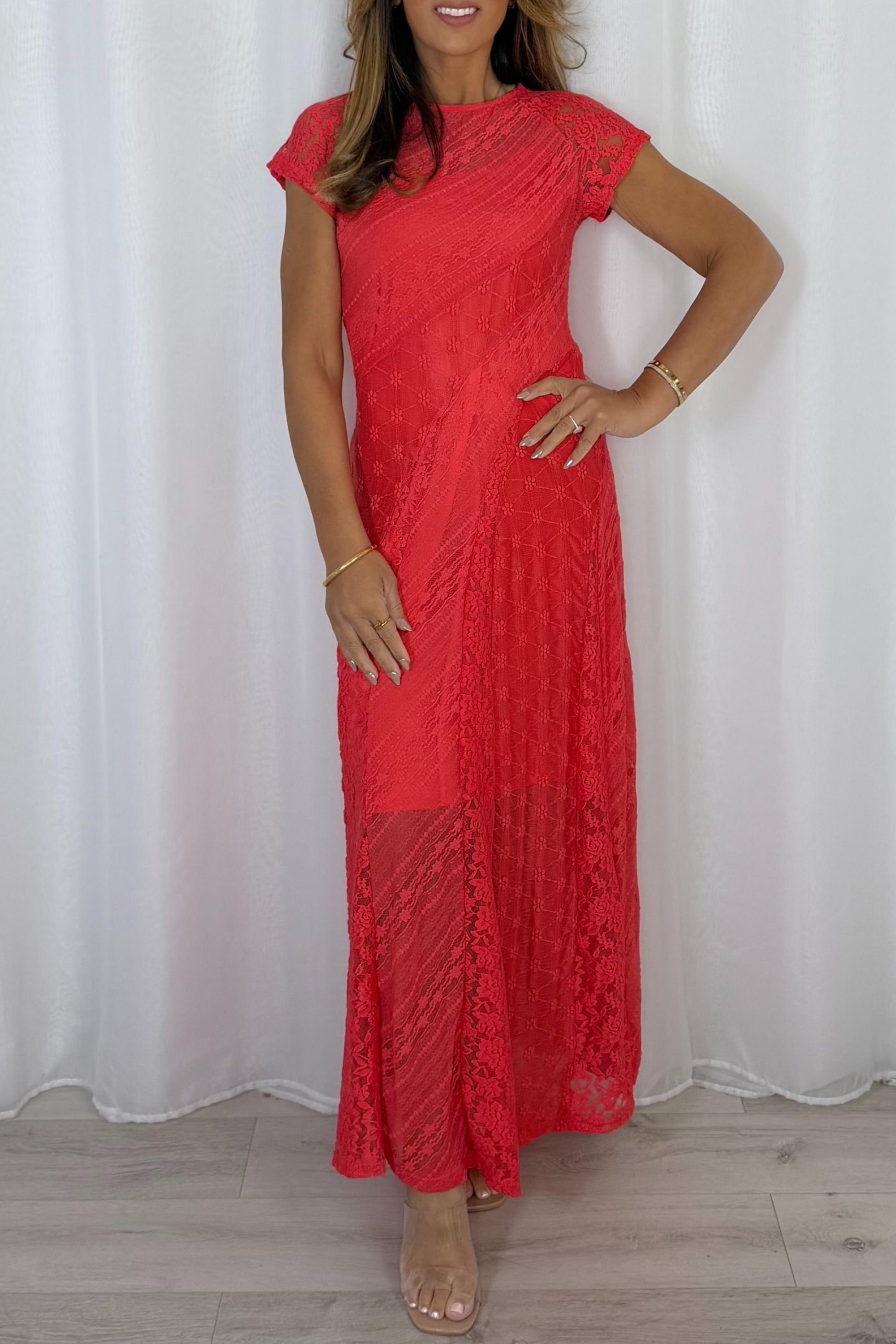 Coral Floral Lace Maxi Dress
