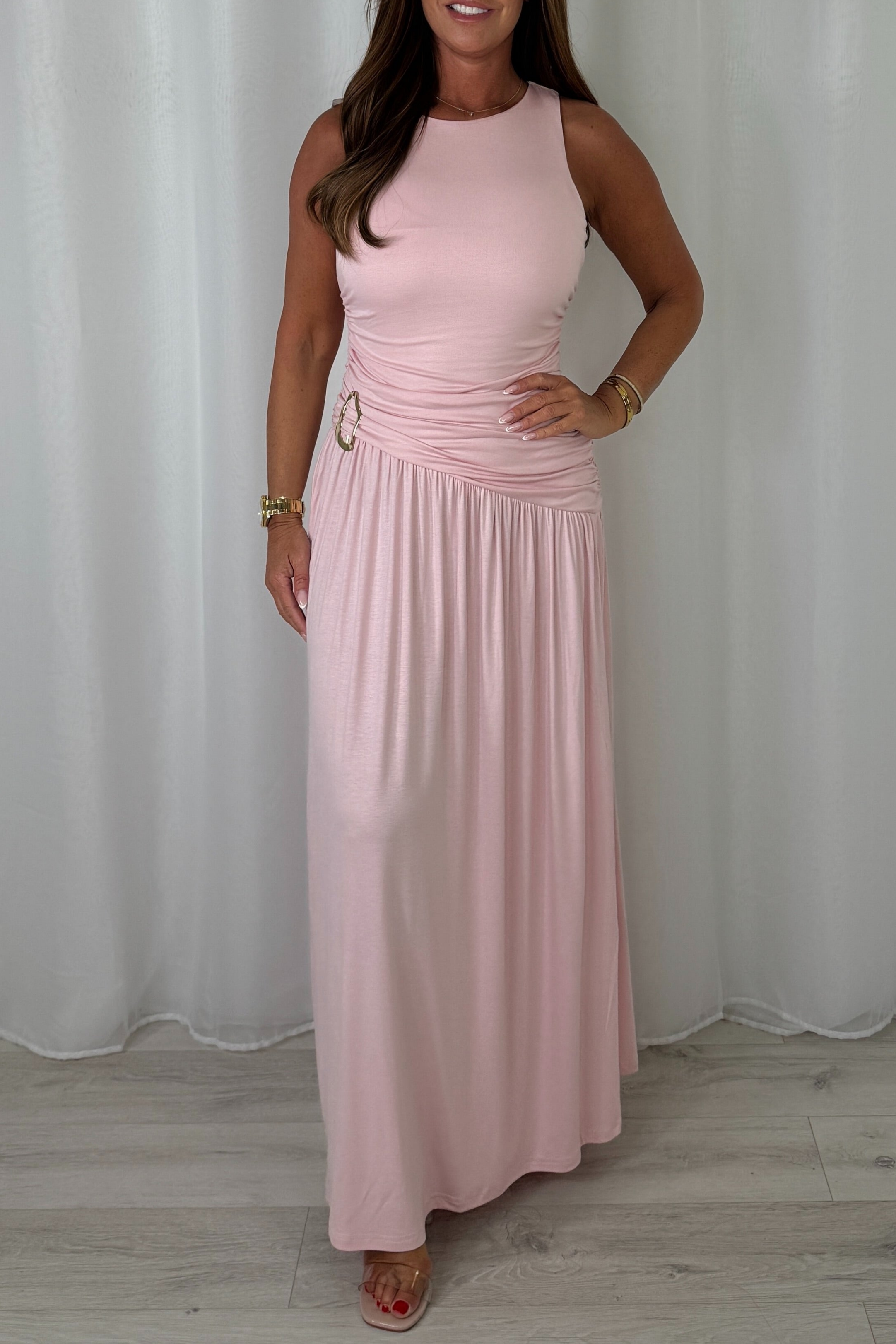 Round Neck Ruched Gold Buckle Side Split Maxi Dress