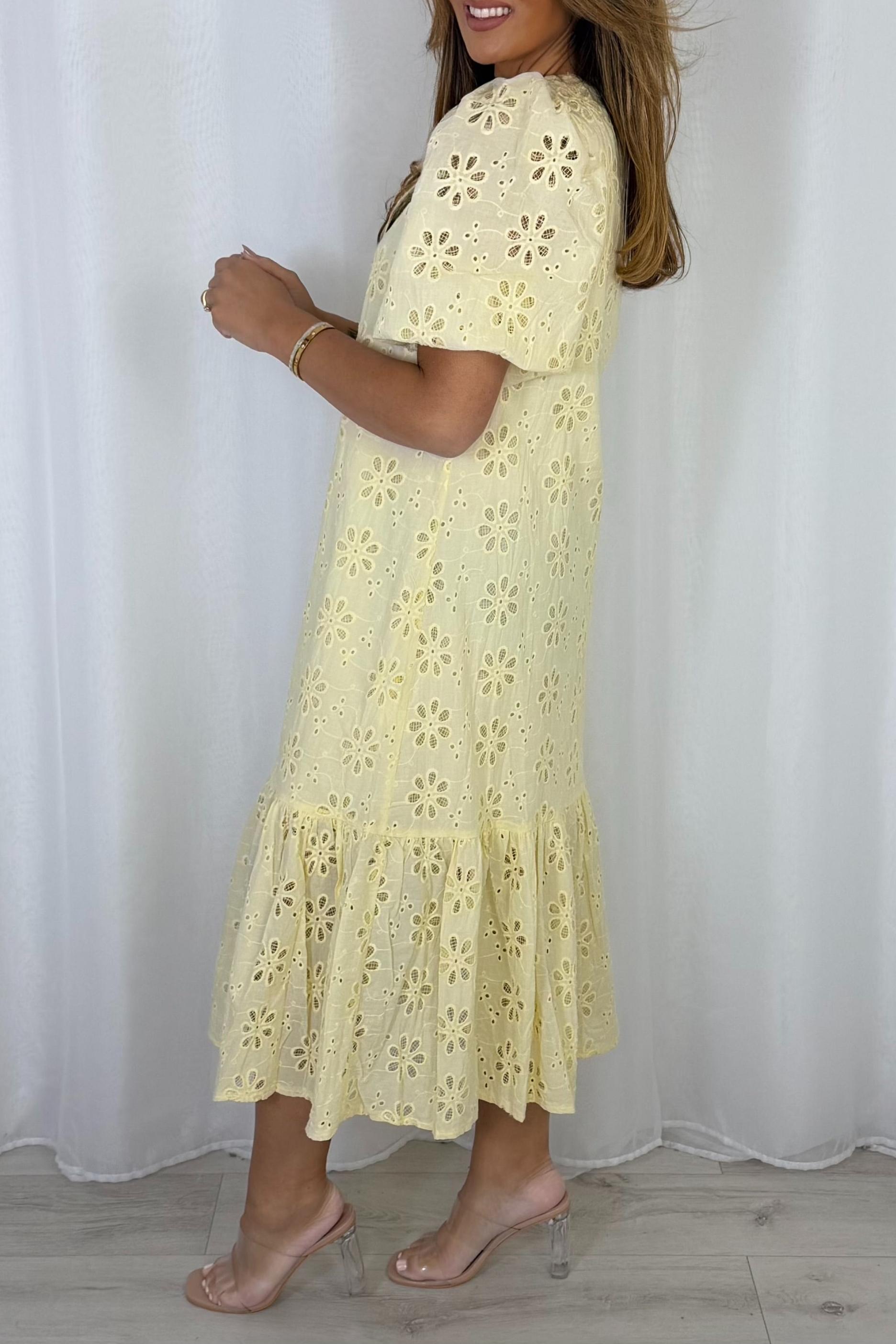 Pearl Button Embroidery Anglaise Maxi Dress