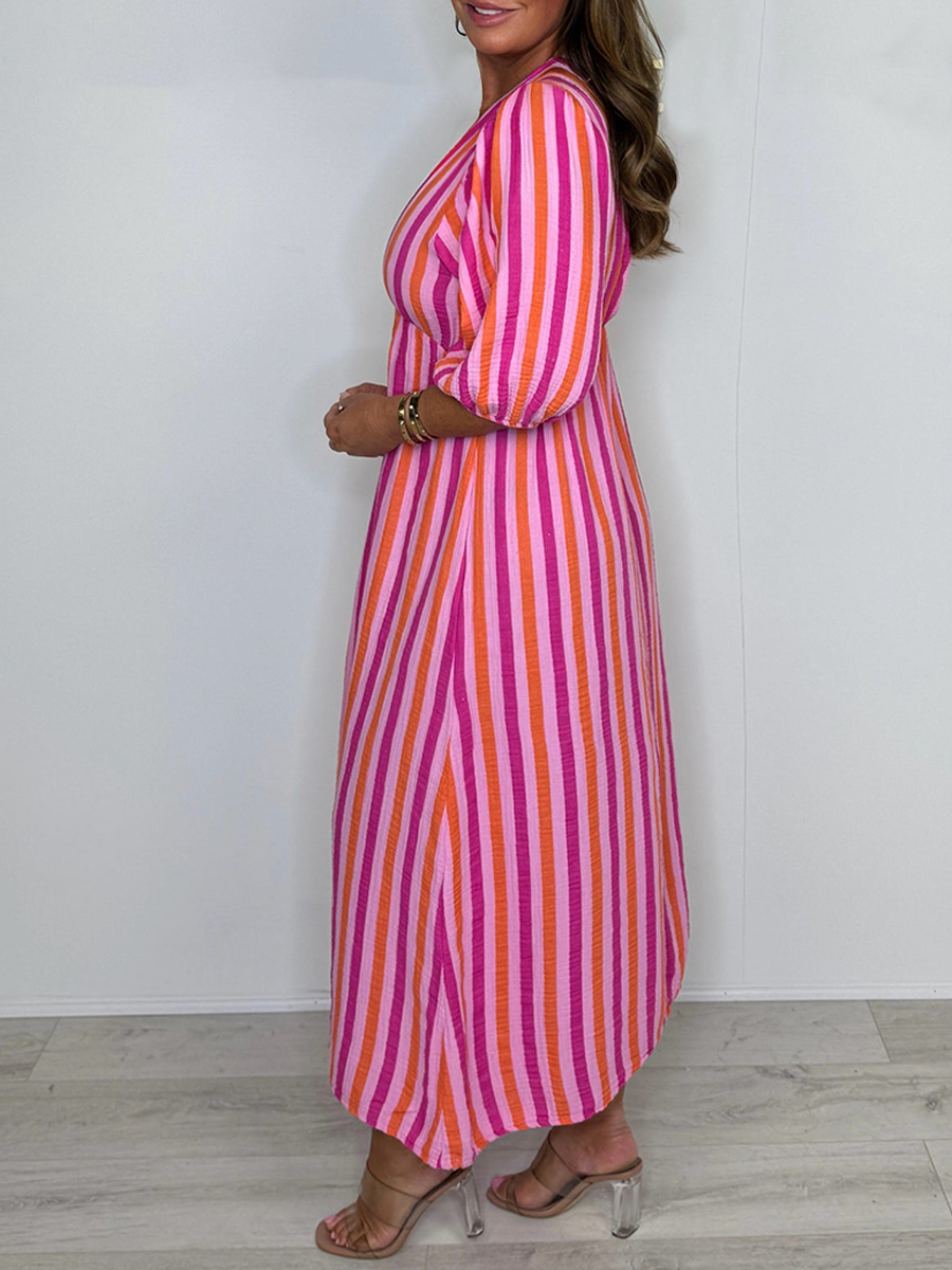 V-Neck Puff Sleeve Cheesecloth Midi Dress