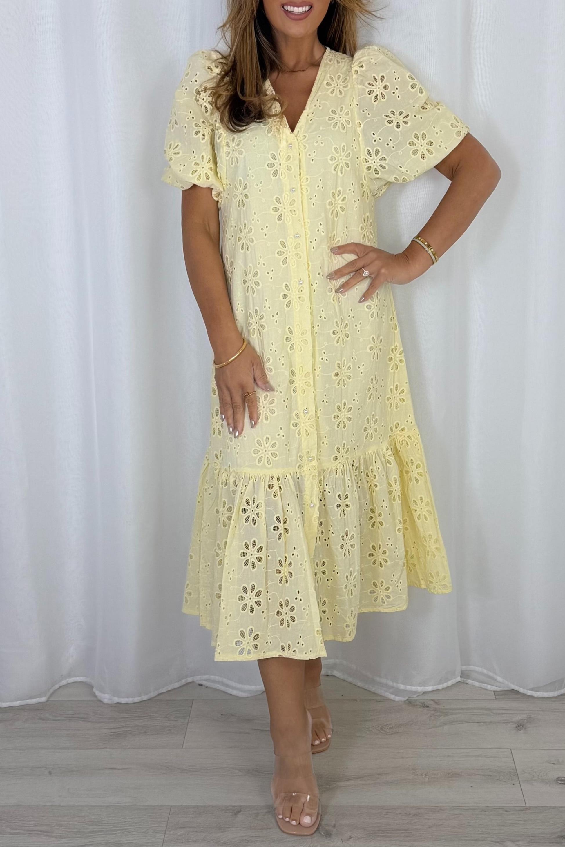 Pearl Button Embroidery Anglaise Maxi Dress
