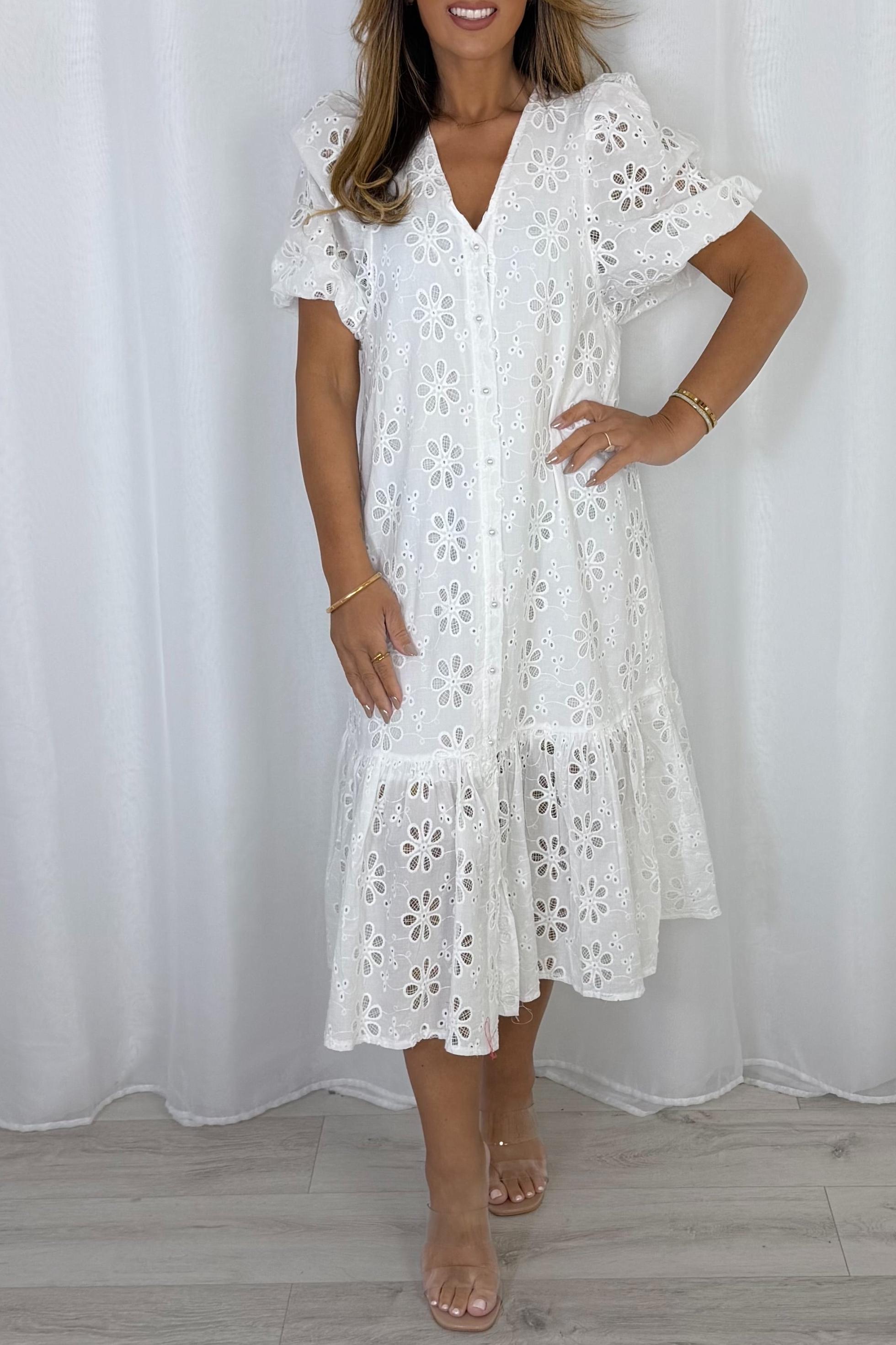Pearl Button Embroidery Anglaise Maxi Dress