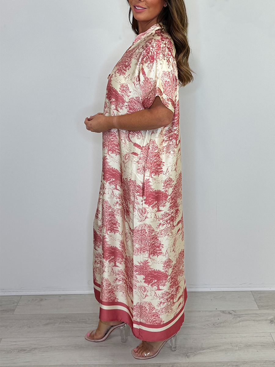 Silk Mix Tree/Animal Pattern V-Neck Short Sleeve Maxi Dress