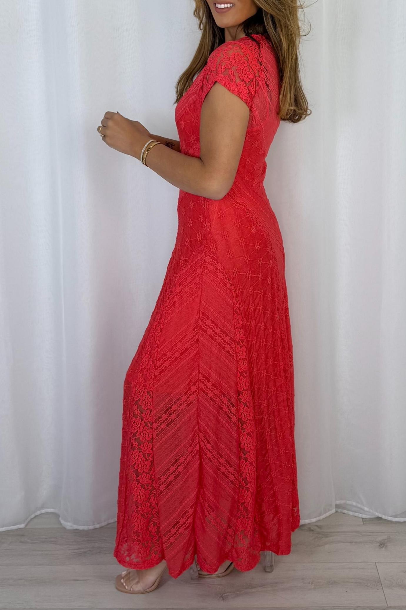 Coral Floral Lace Maxi Dress