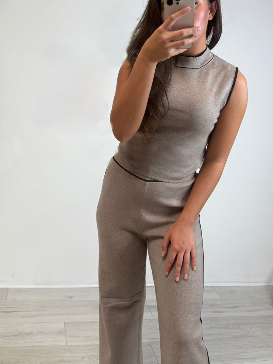 Turtle Neck Piping Detail Sleeveless Top & Trouser Co-ord