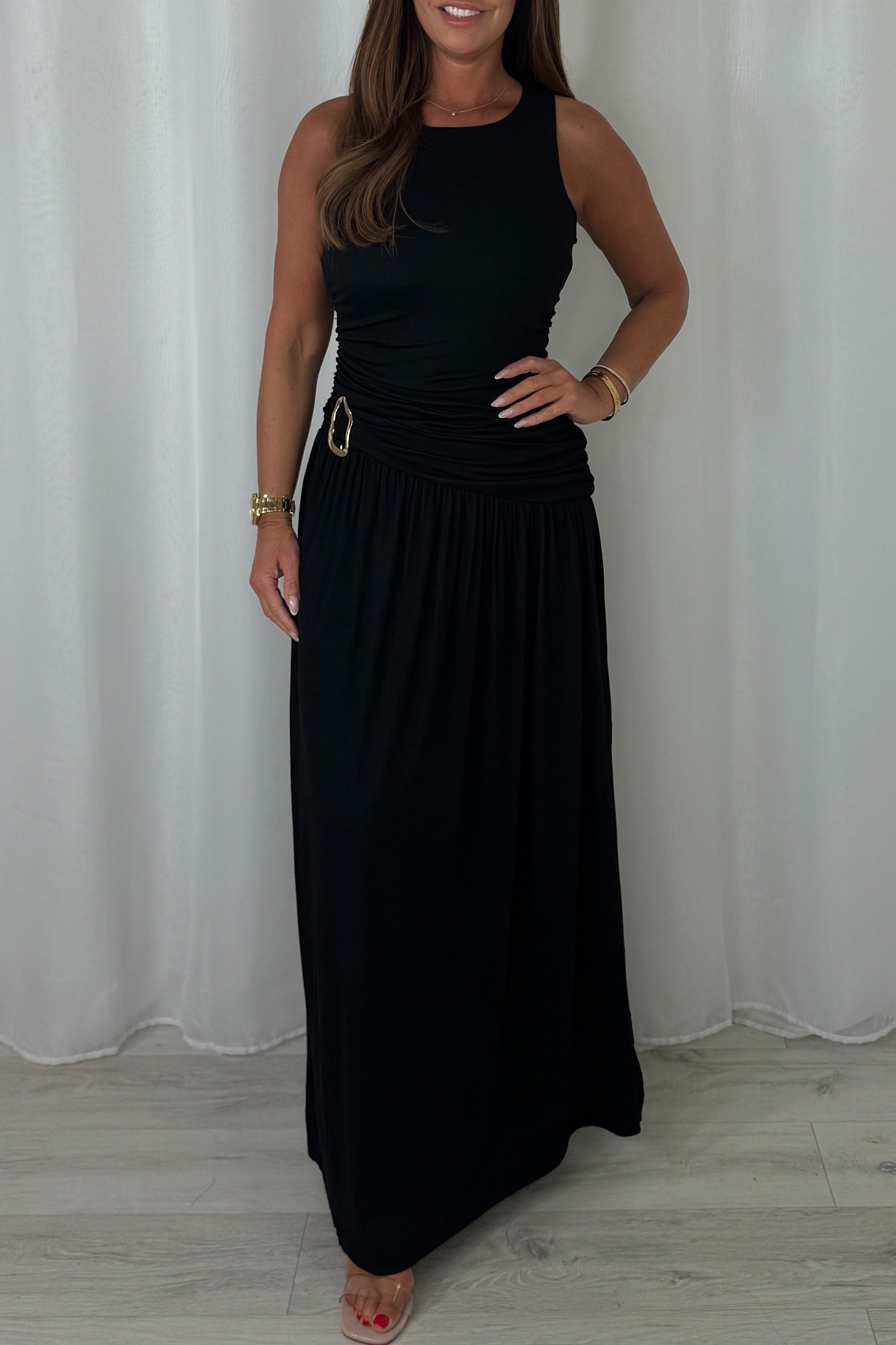 Round Neck Ruched Gold Buckle Side Split Maxi Dress