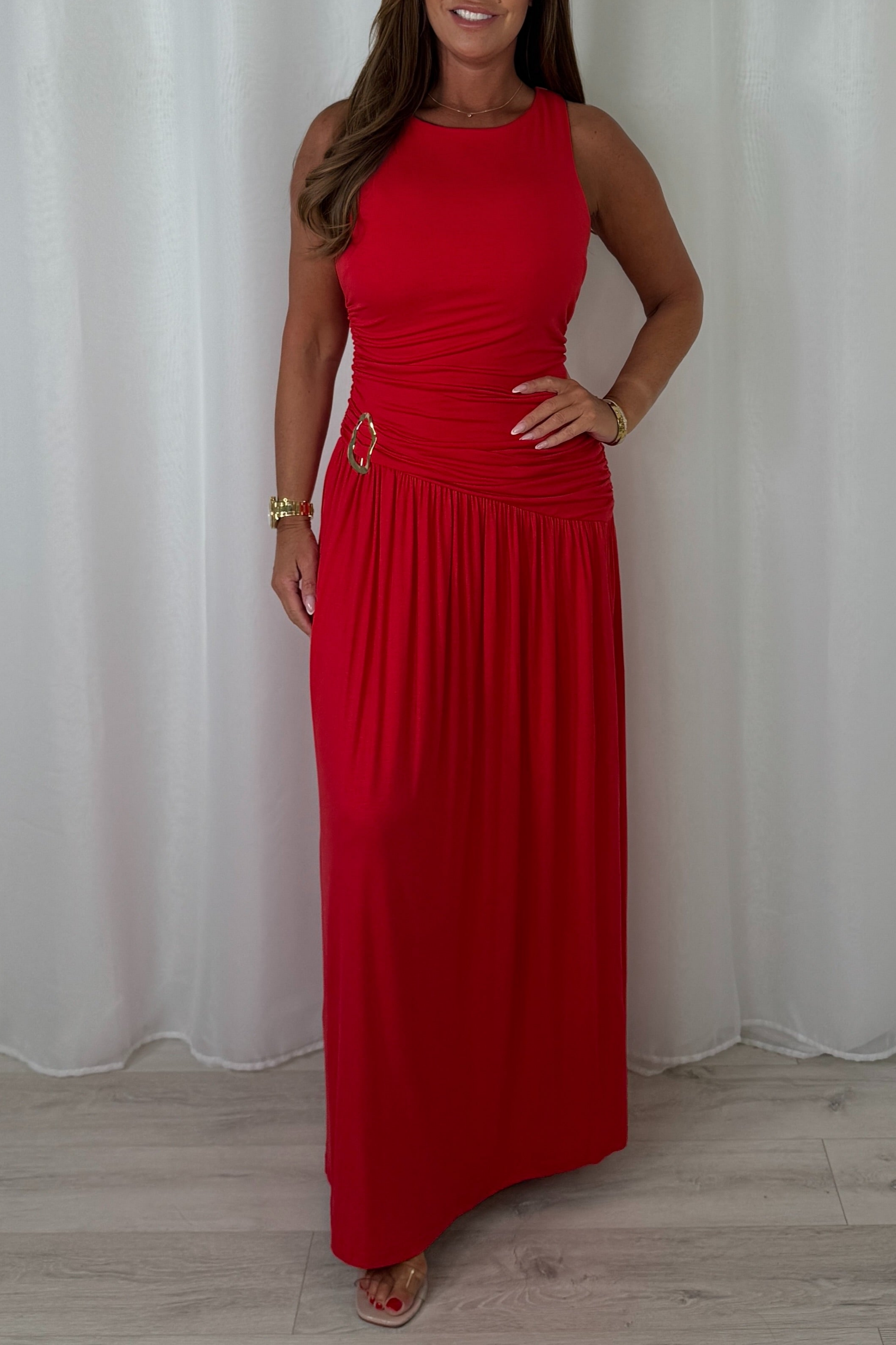Round Neck Ruched Gold Buckle Side Split Maxi Dress