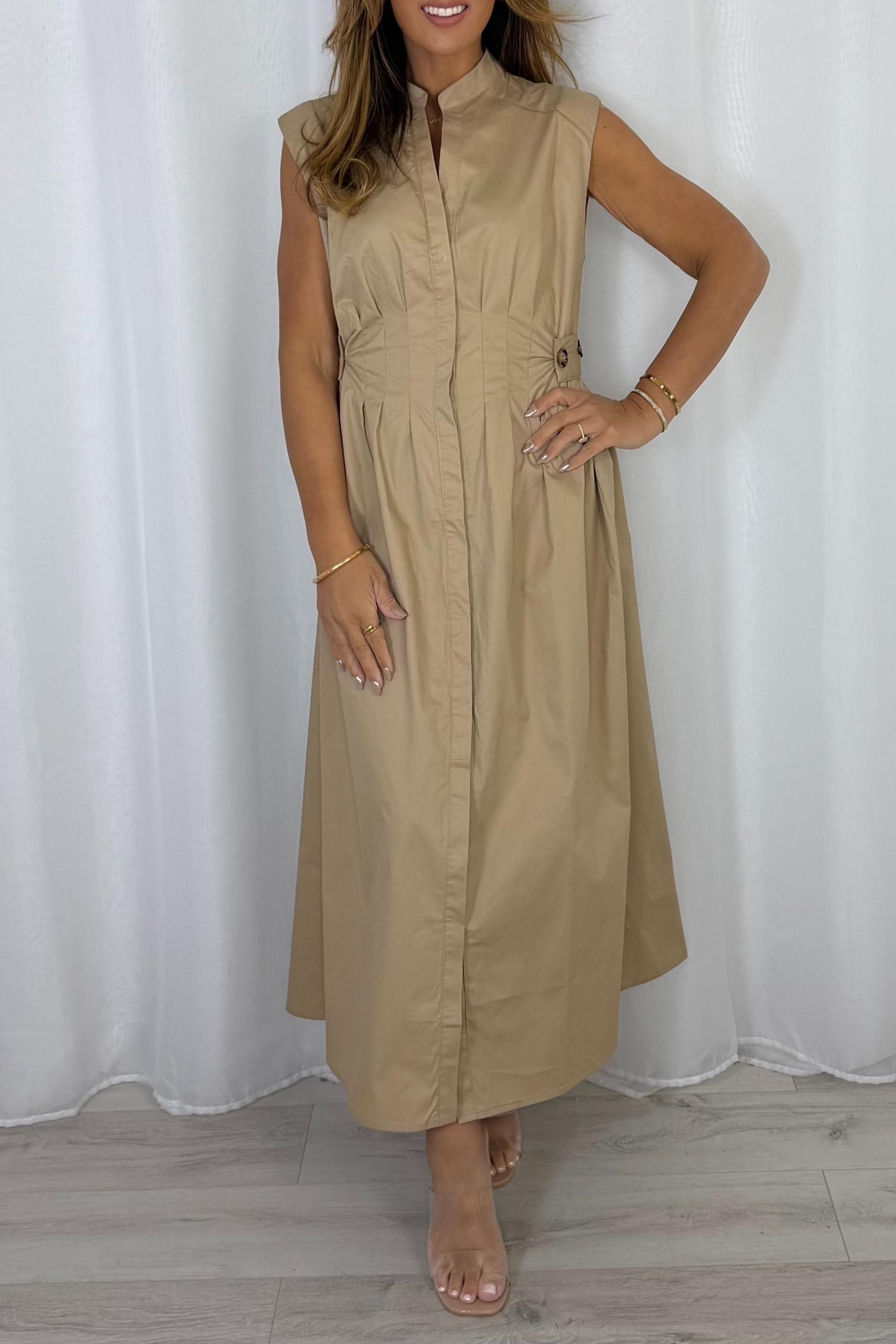 Grandad Collar Cinched Pleated Waist Dress
