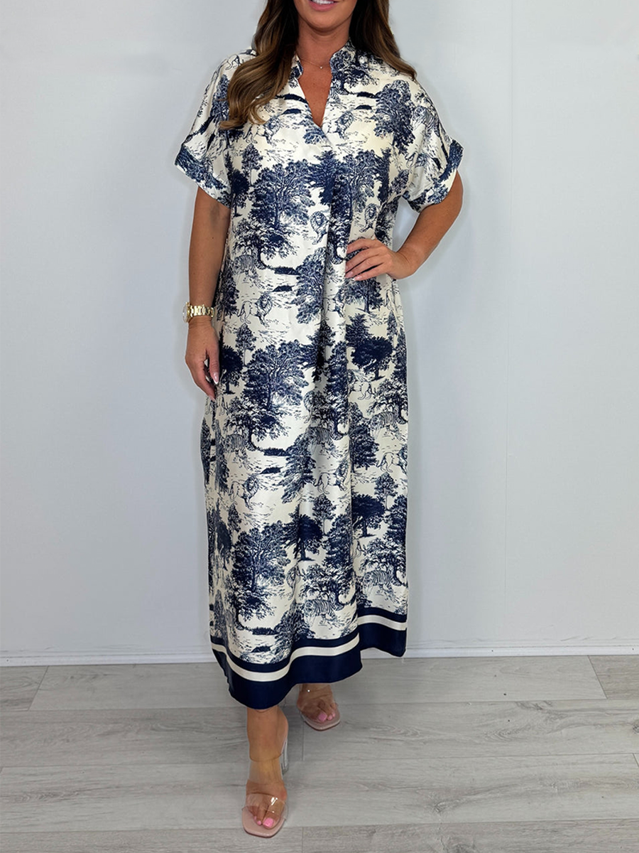 Silk Mix Tree/Animal Pattern V-Neck Short Sleeve Maxi Dress