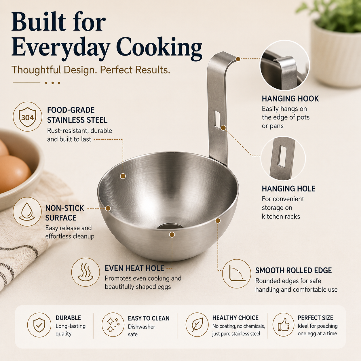 🍳 Stainless Steel Egg Poacher Cup – Hanging Pan Egg Cooker for Perfect Round Eggs-KOLAICH™