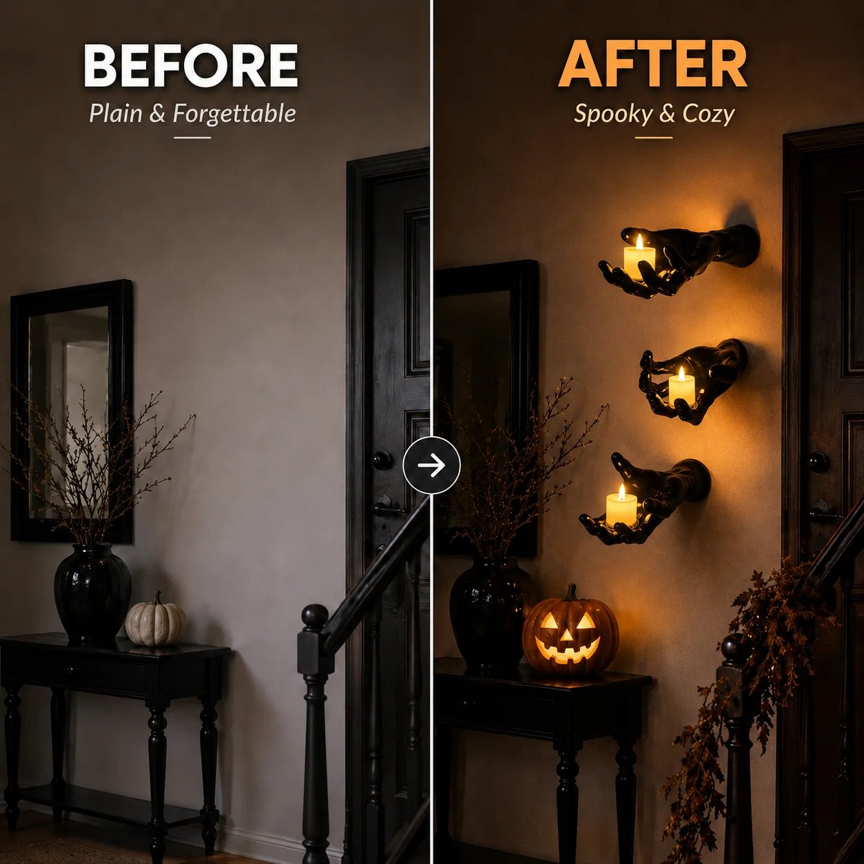 Before and after comparison of a plain entryway transformed with gothic Halloween wall hands