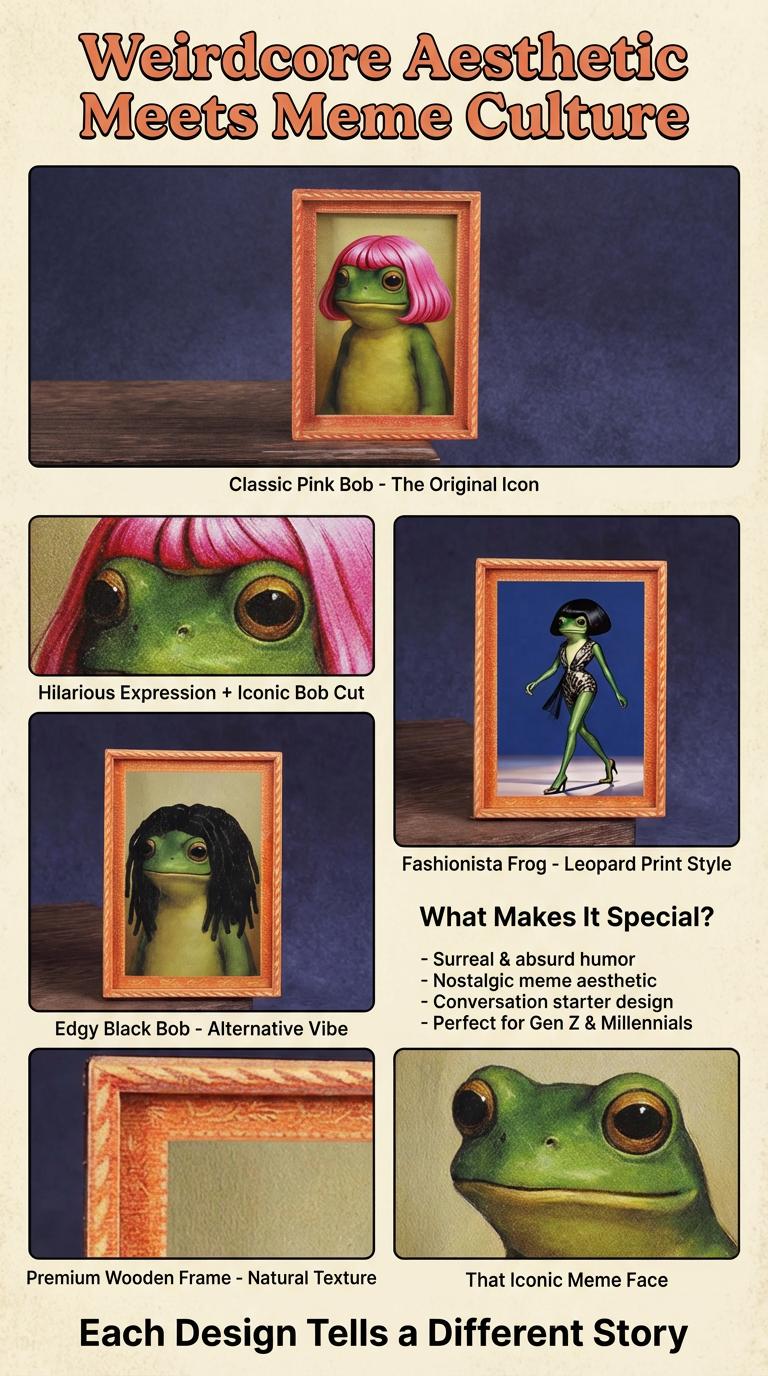 Funny Frog Magnet with Bob Haircut - Weird Core Fridge Decor - Cute Meme Gift for Bestie & Coworker Wooden