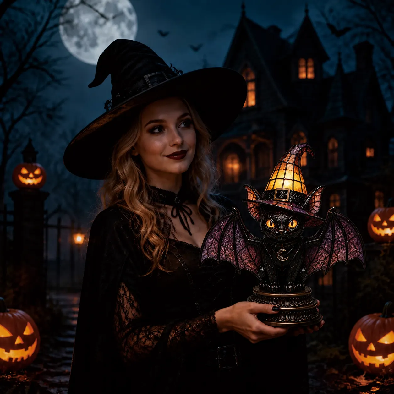 🔥Exclusive Limited Item 👍🔥50%OFF🐈 Gothic Stained Glass Witch Black Cat Table Lamp | Halloween Witch Hat Night Light Decor