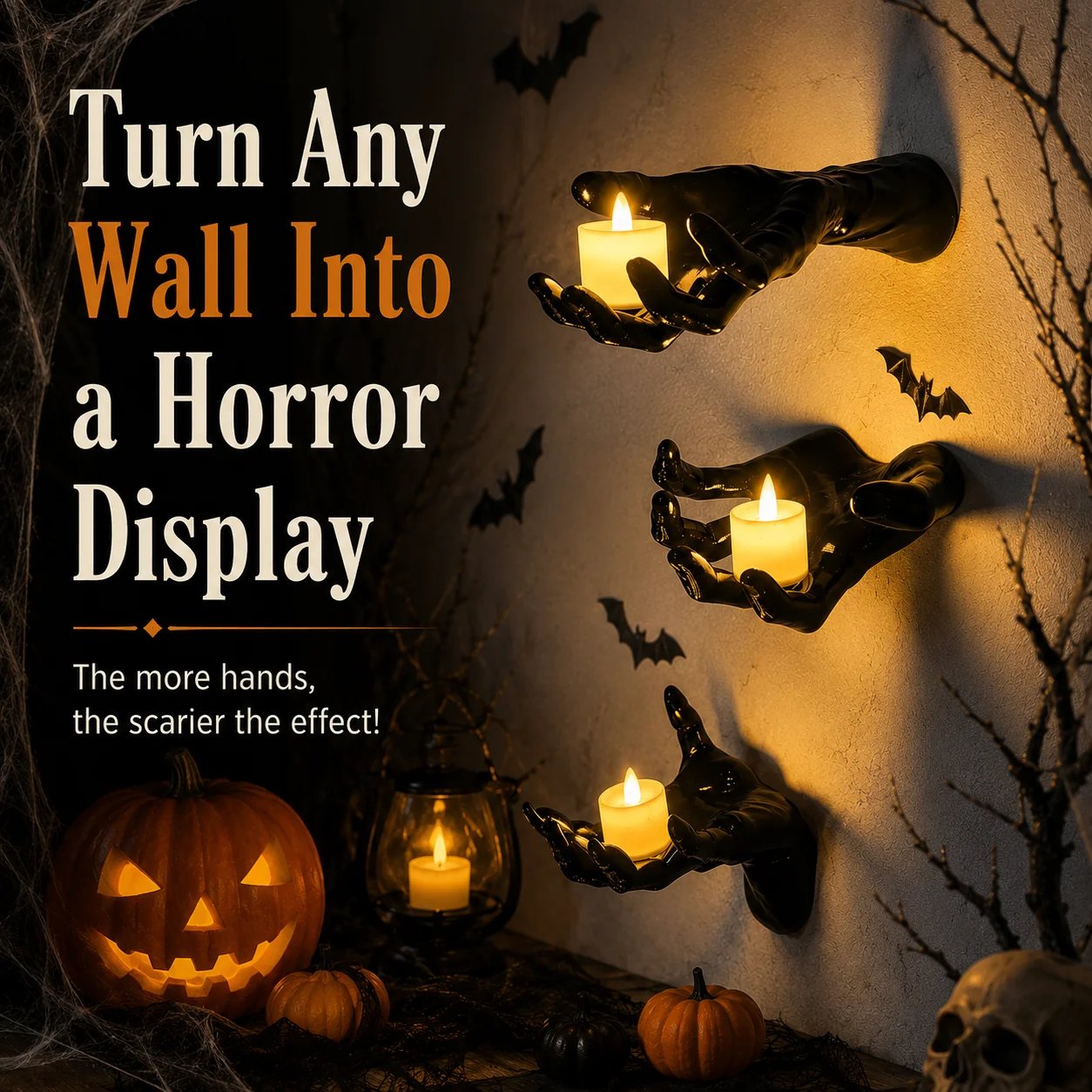 Three gothic Halloween hands arranged as a complete wall display