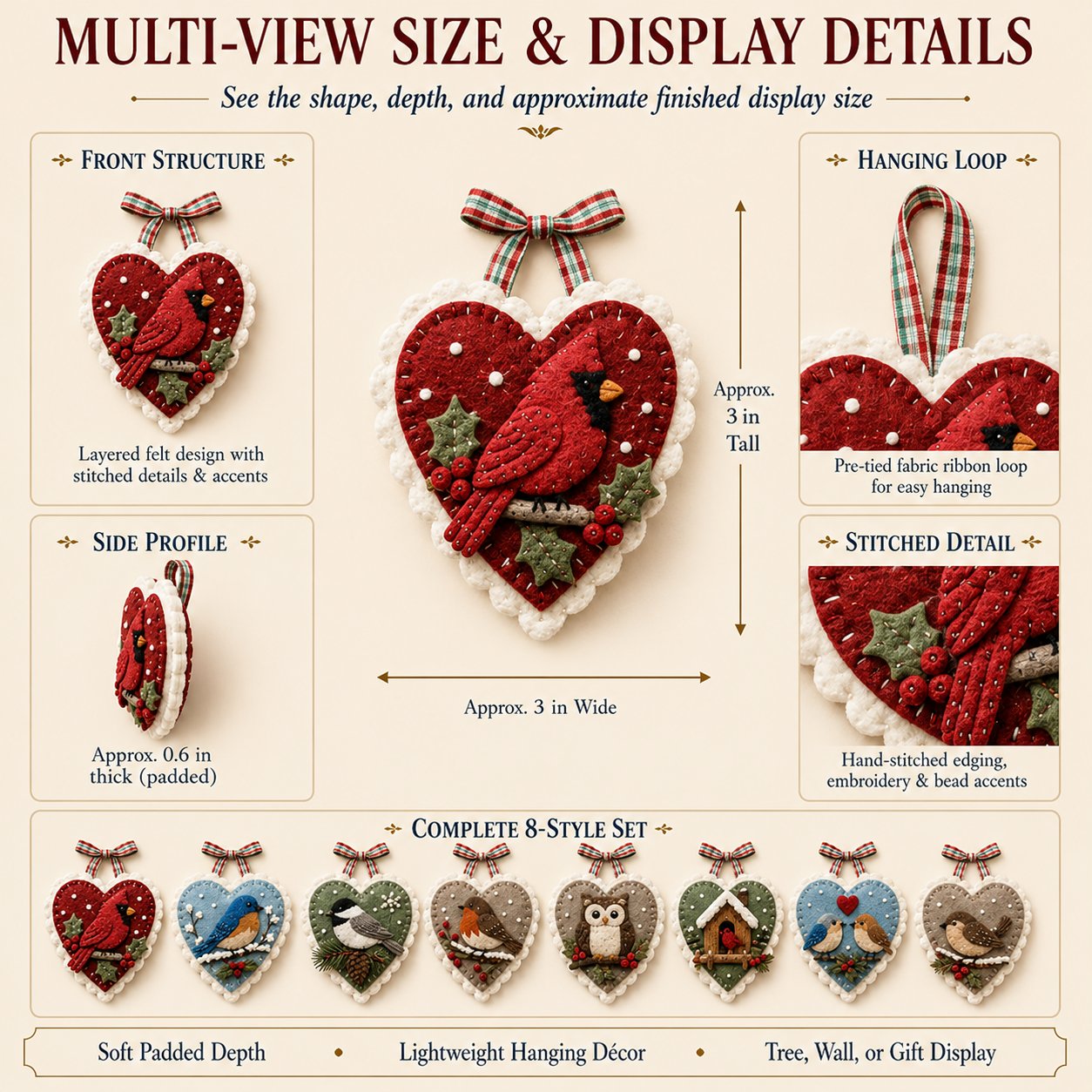 ⏳ Last Day 49% OFF – 🐦 Beginner-Friendly Winter Bird Felt Heart Ornament Sewing Kit Collection💕
