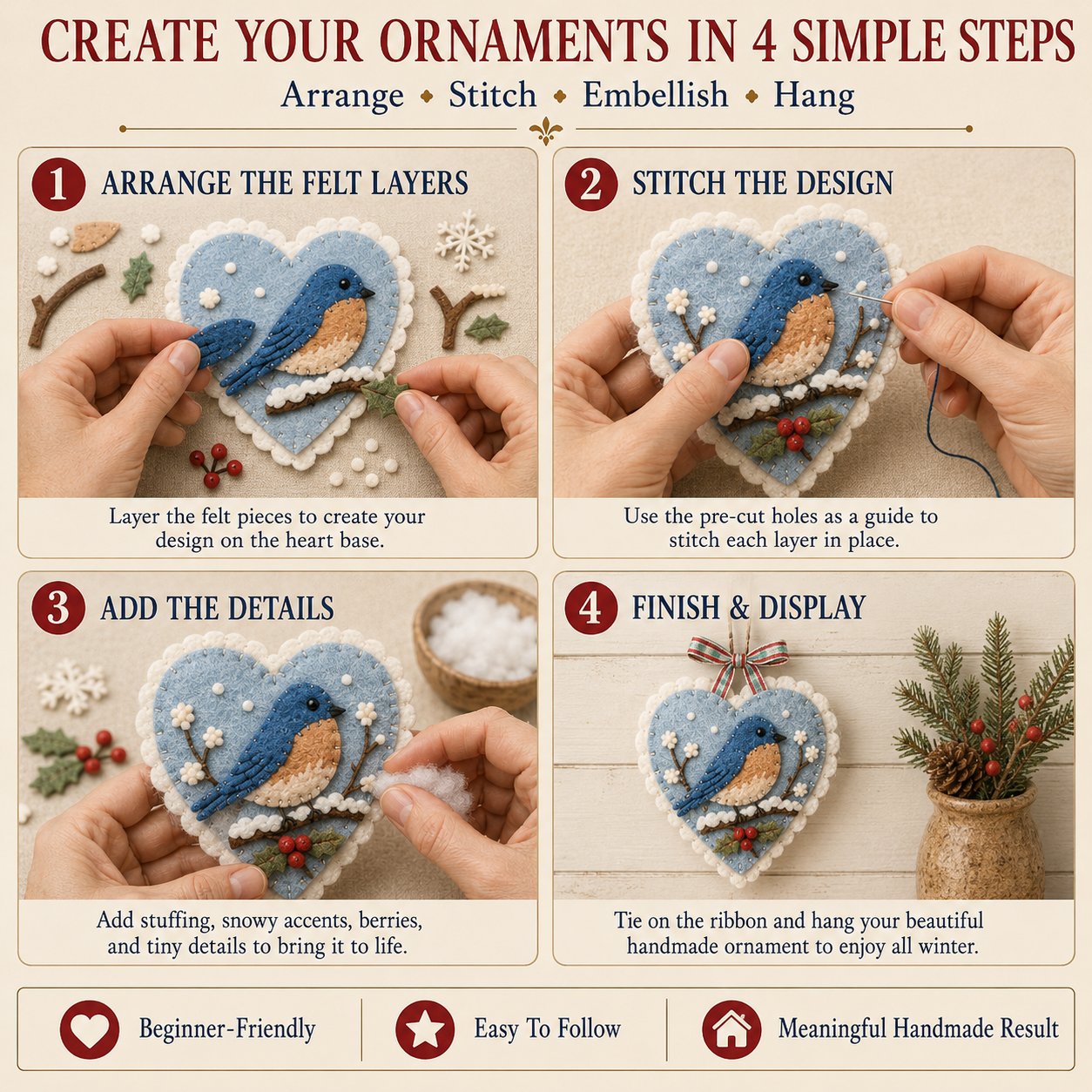 ⏳ Last Day 49% OFF – 🐦 Beginner-Friendly Winter Bird Felt Heart Ornament Sewing Kit Collection💕