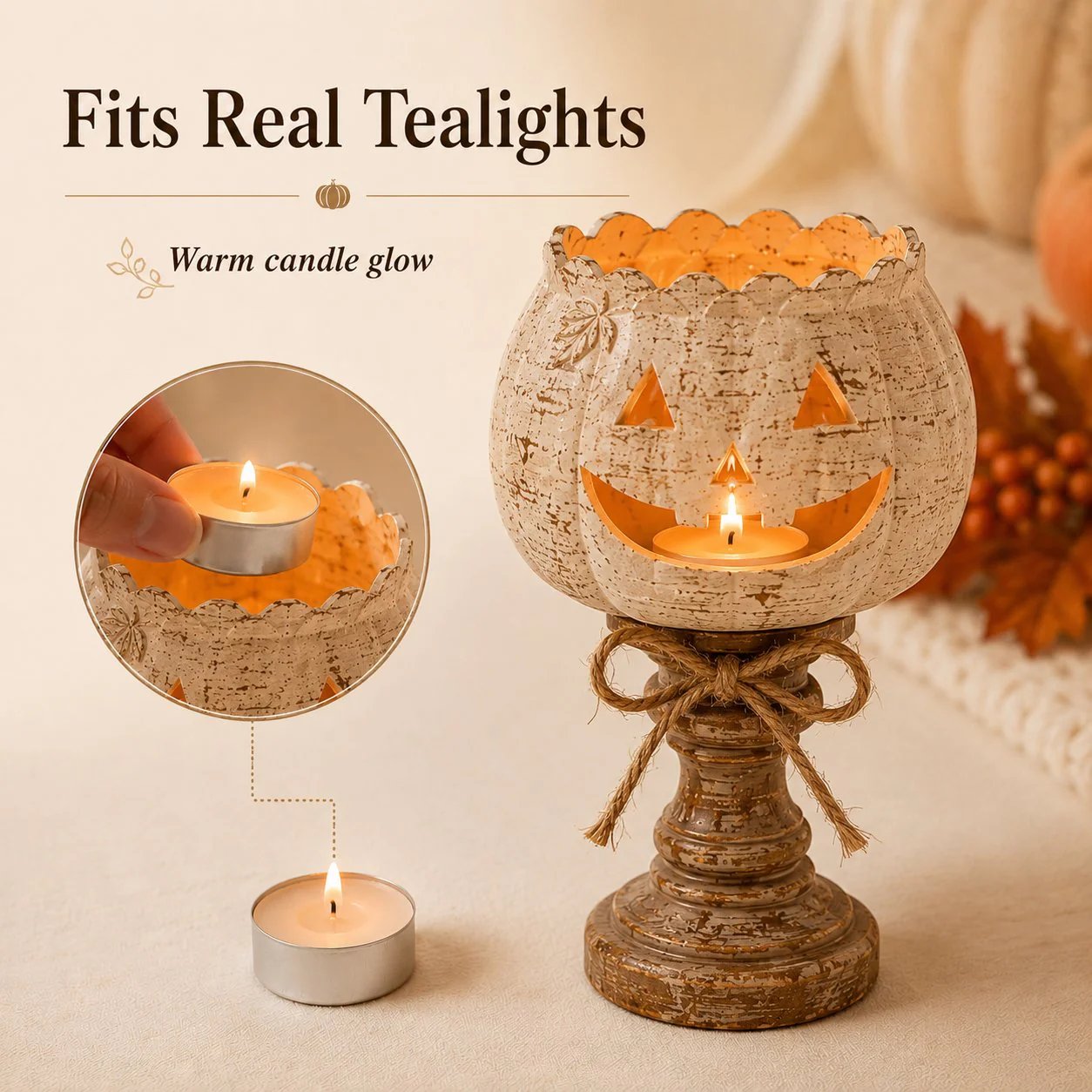 🕯   Set of 3 Rustic White Pumpkin Tealight Candle Holders  | Layered Farmhouse Fall Decor For Halloween & Thanksgiving-KOLAICH™