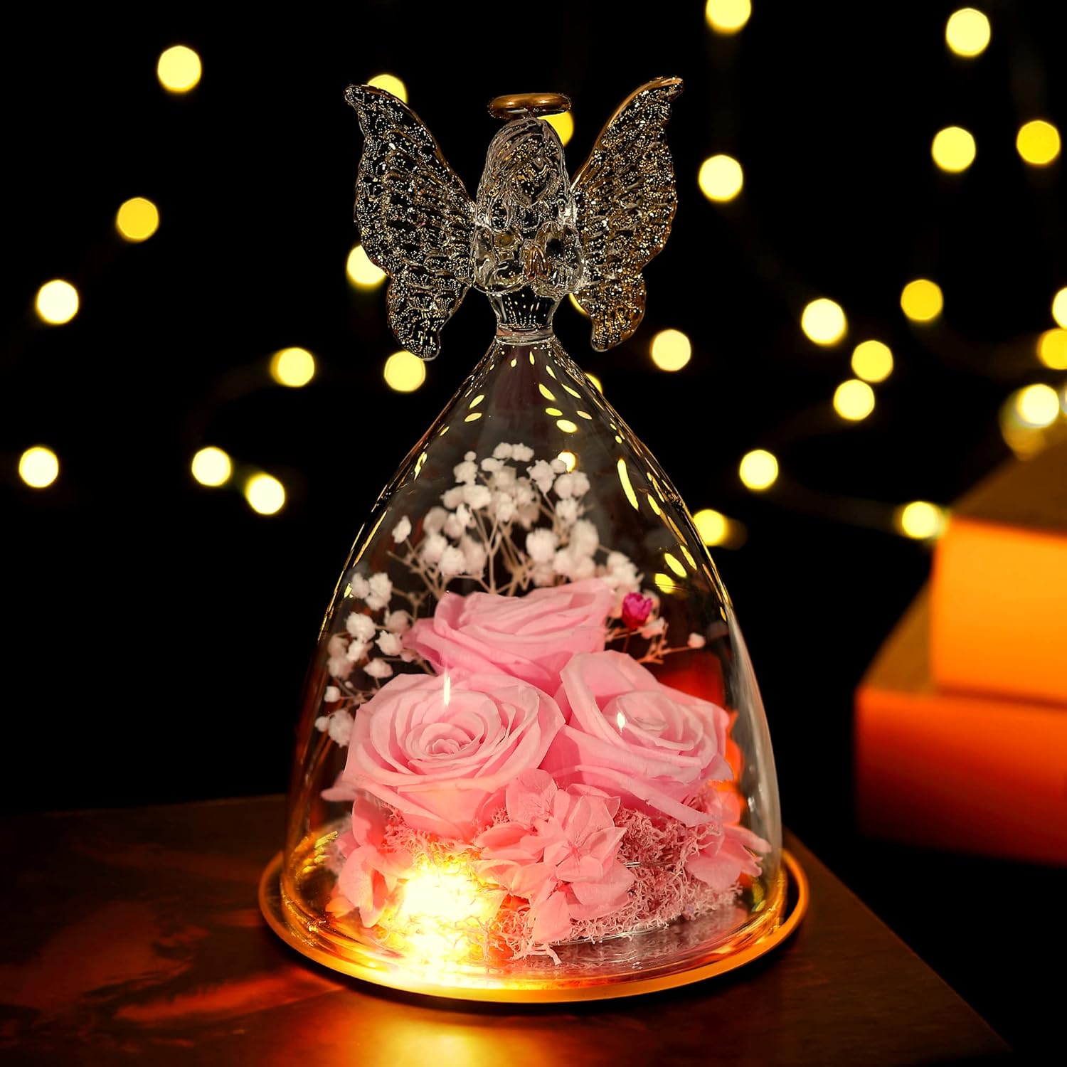 Preserved Real Flowers Red Roses in Glass Angel Figurines