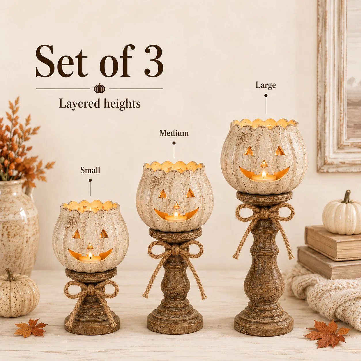 🕯   Set of 3 Rustic White Pumpkin Tealight Candle Holders  | Layered Farmhouse Fall Decor For Halloween & Thanksgiving-KOLAICH™