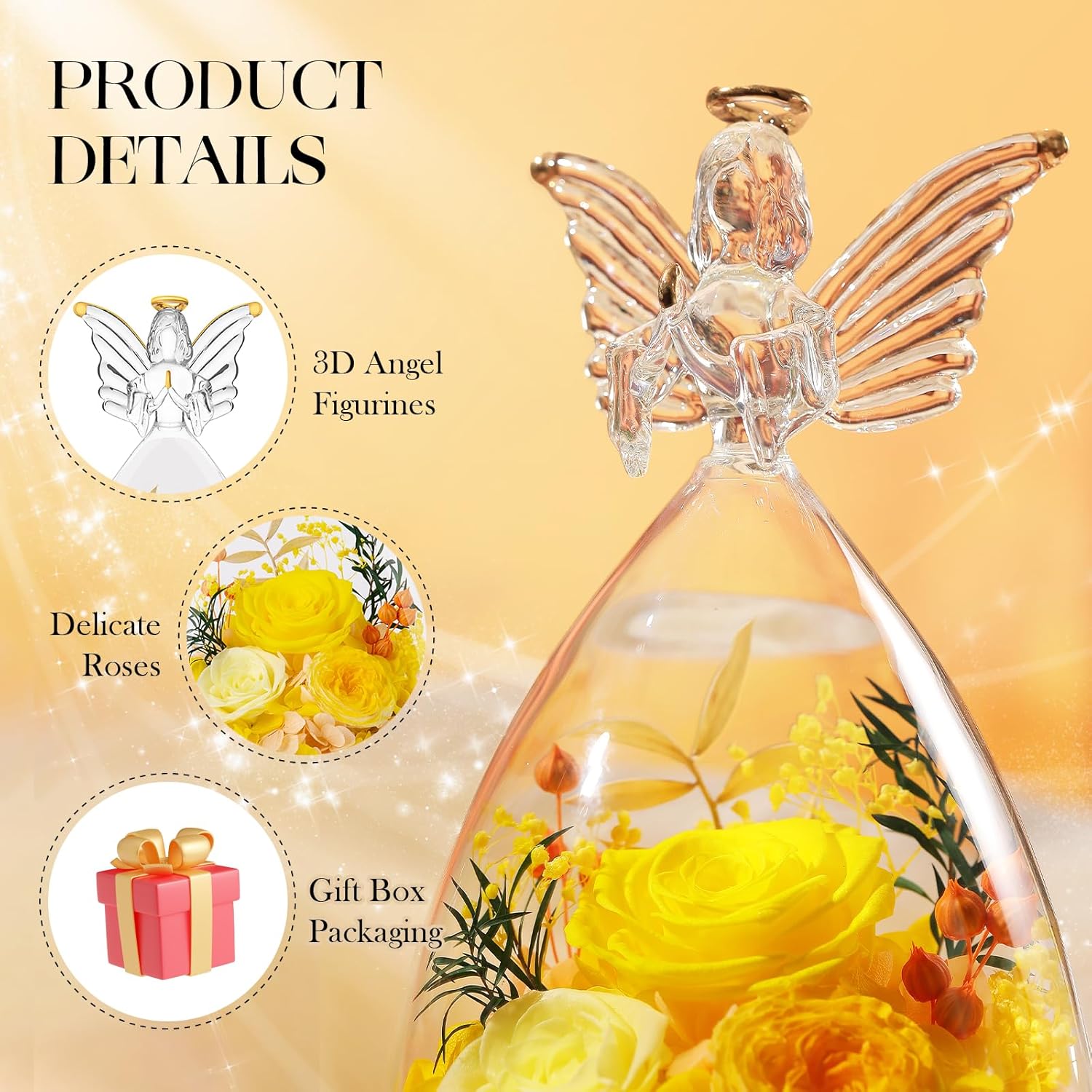 Preserved Real Flowers Red Roses in Glass Angel Figurines