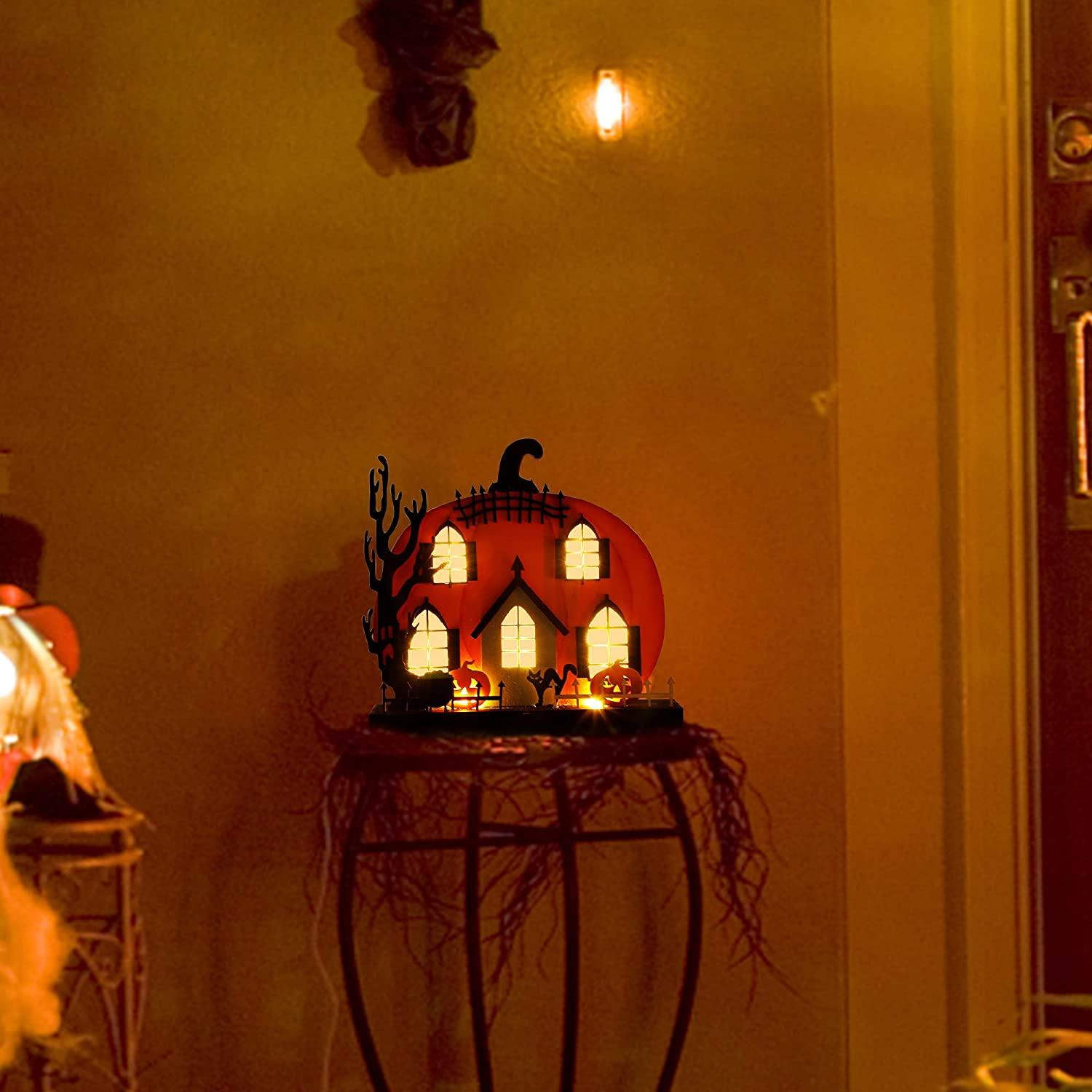 Home Halloween Tabletop Decoration, Wooden Lighted Pumpkin House Decoration-KOLAICH™