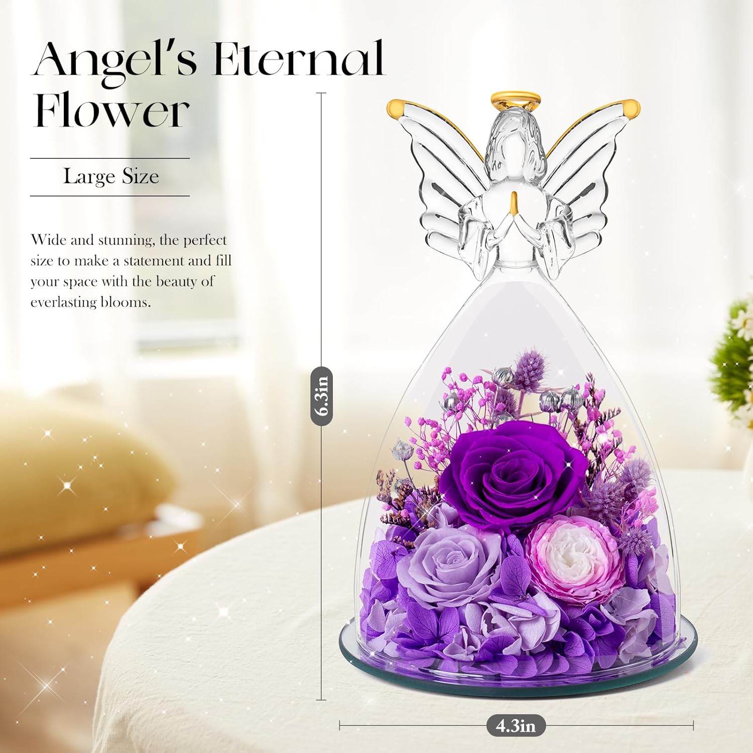 Preserved Real Flowers Red Roses in Glass Angel Figurines