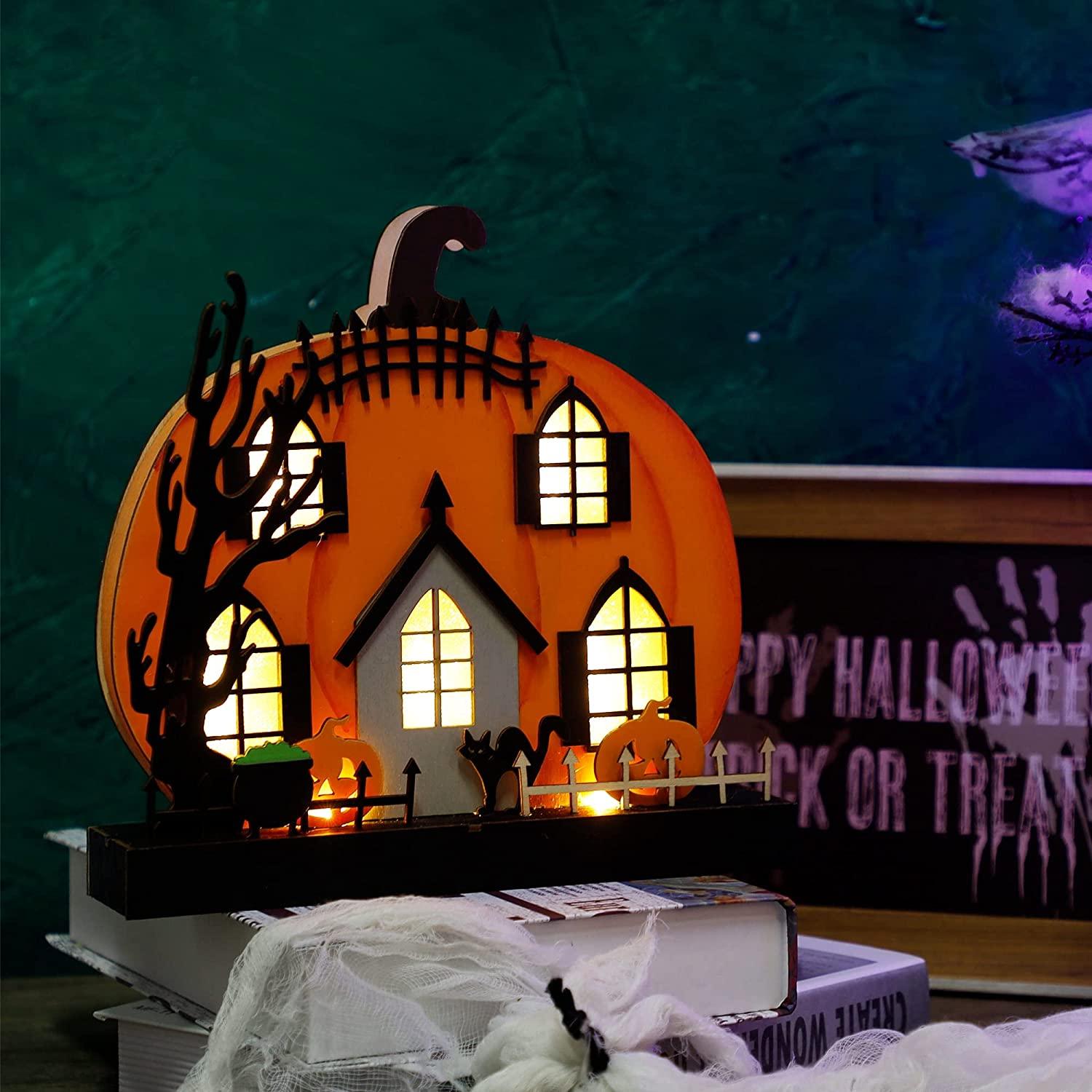 Home Halloween Tabletop Decoration, Wooden Lighted Pumpkin House Decoration-KOLAICH™