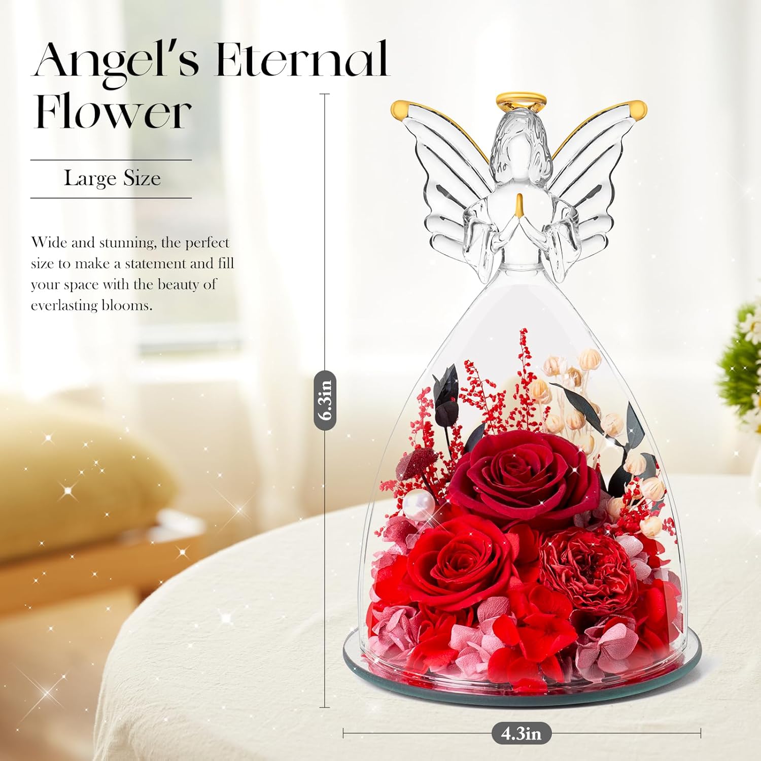 Preserved Real Flowers Red Roses in Glass Angel Figurines