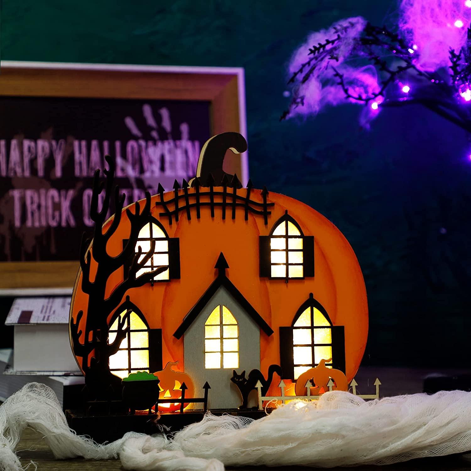 Home Halloween Tabletop Decoration, Wooden Lighted Pumpkin House Decoration-KOLAICH™