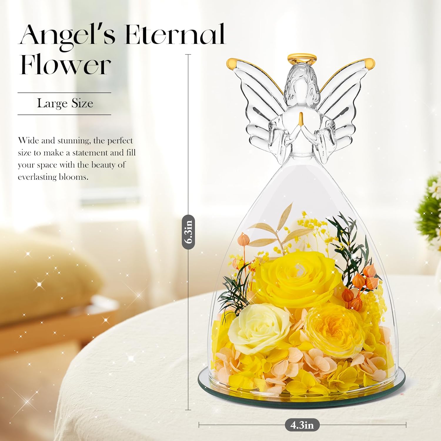 Preserved Real Flowers Red Roses in Glass Angel Figurines