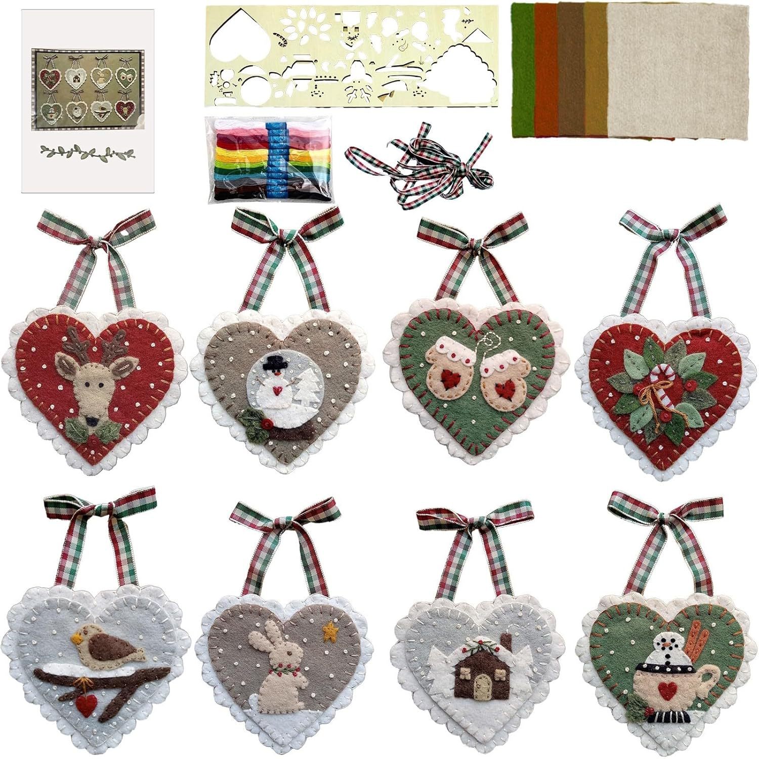Pre-Cut Wool Blend Felt Holiday Hearts Ornament Kit