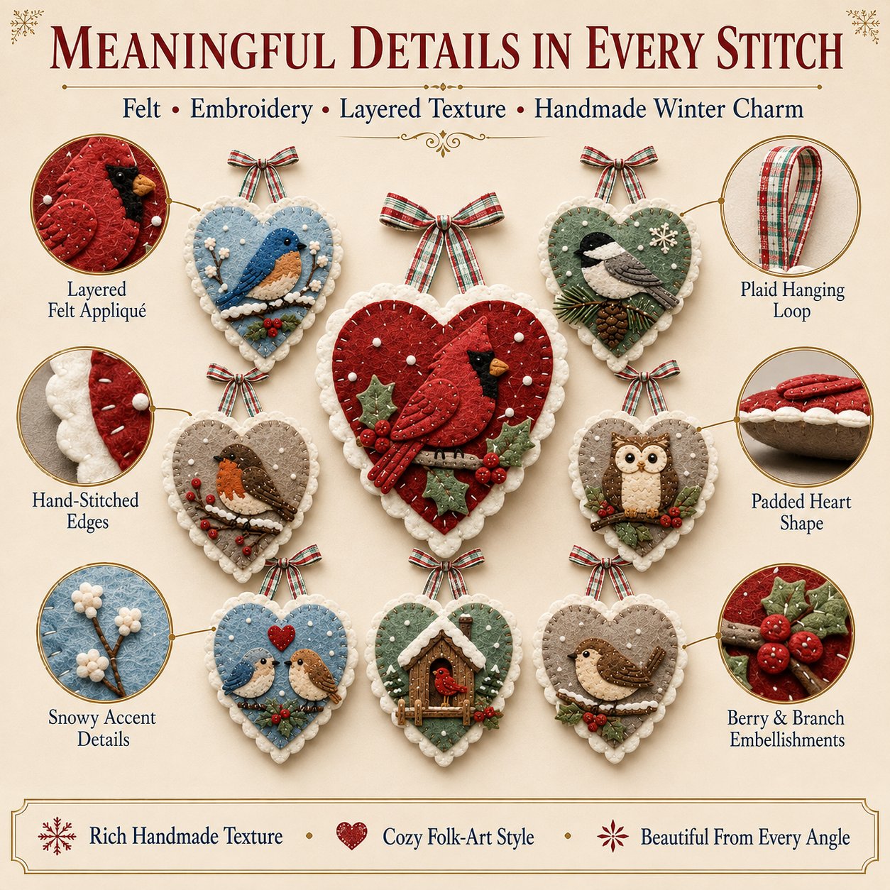 ⏳ Last Day 49% OFF – 🐦 Beginner-Friendly Winter Bird Felt Heart Ornament Sewing Kit Collection💕