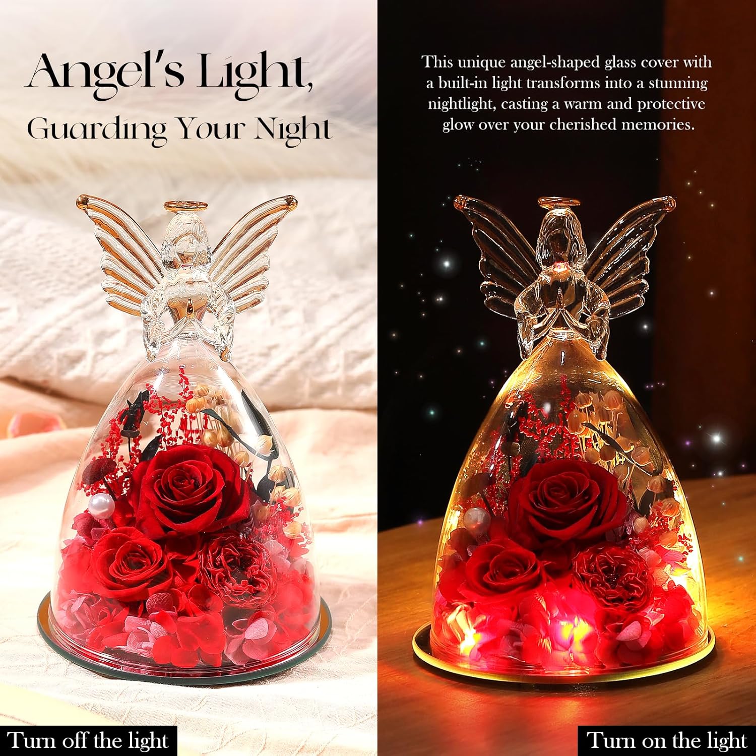 Preserved Real Flowers Red Roses in Glass Angel Figurines
