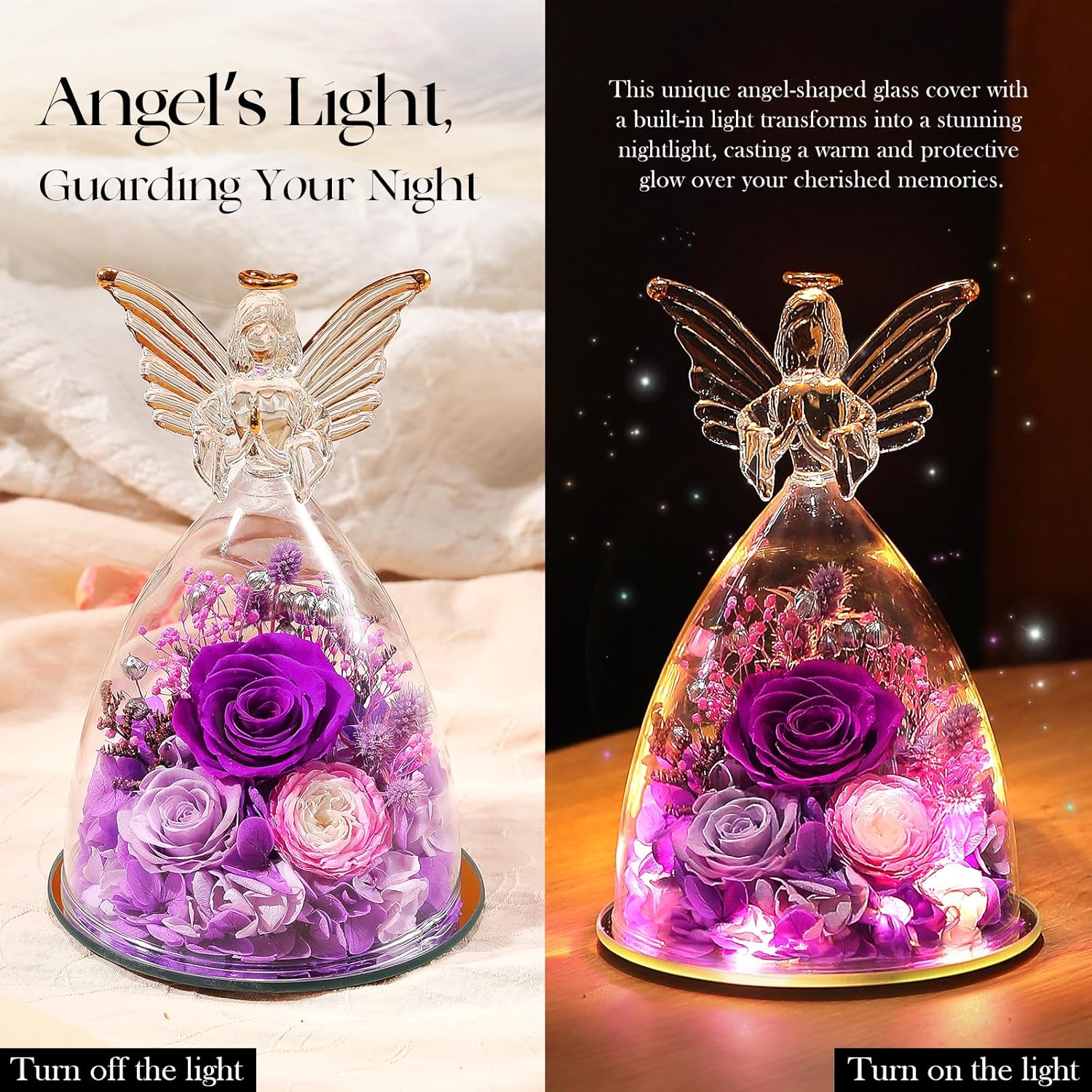 Preserved Real Flowers Red Roses in Glass Angel Figurines