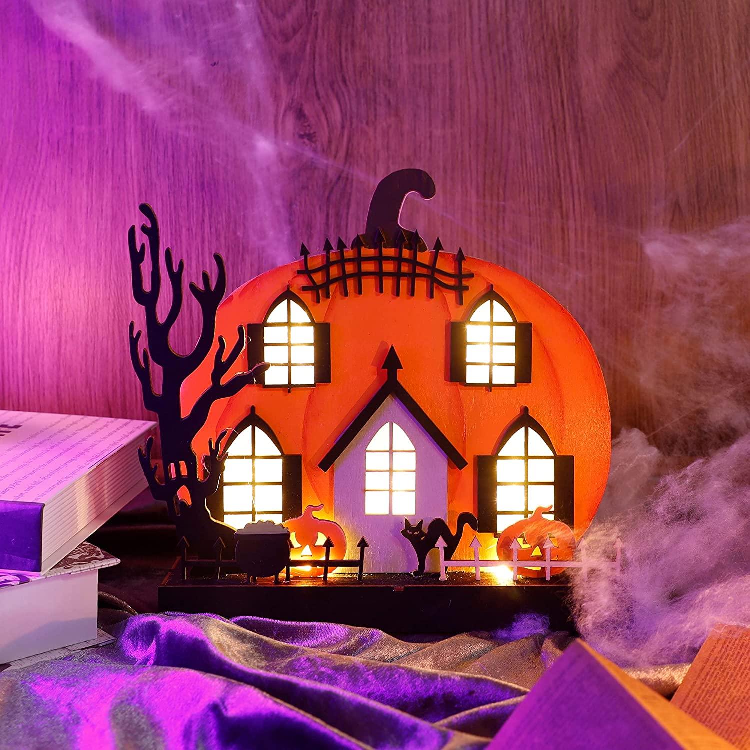 Home Halloween Tabletop Decoration, Wooden Lighted Pumpkin House Decoration-KOLAICH™